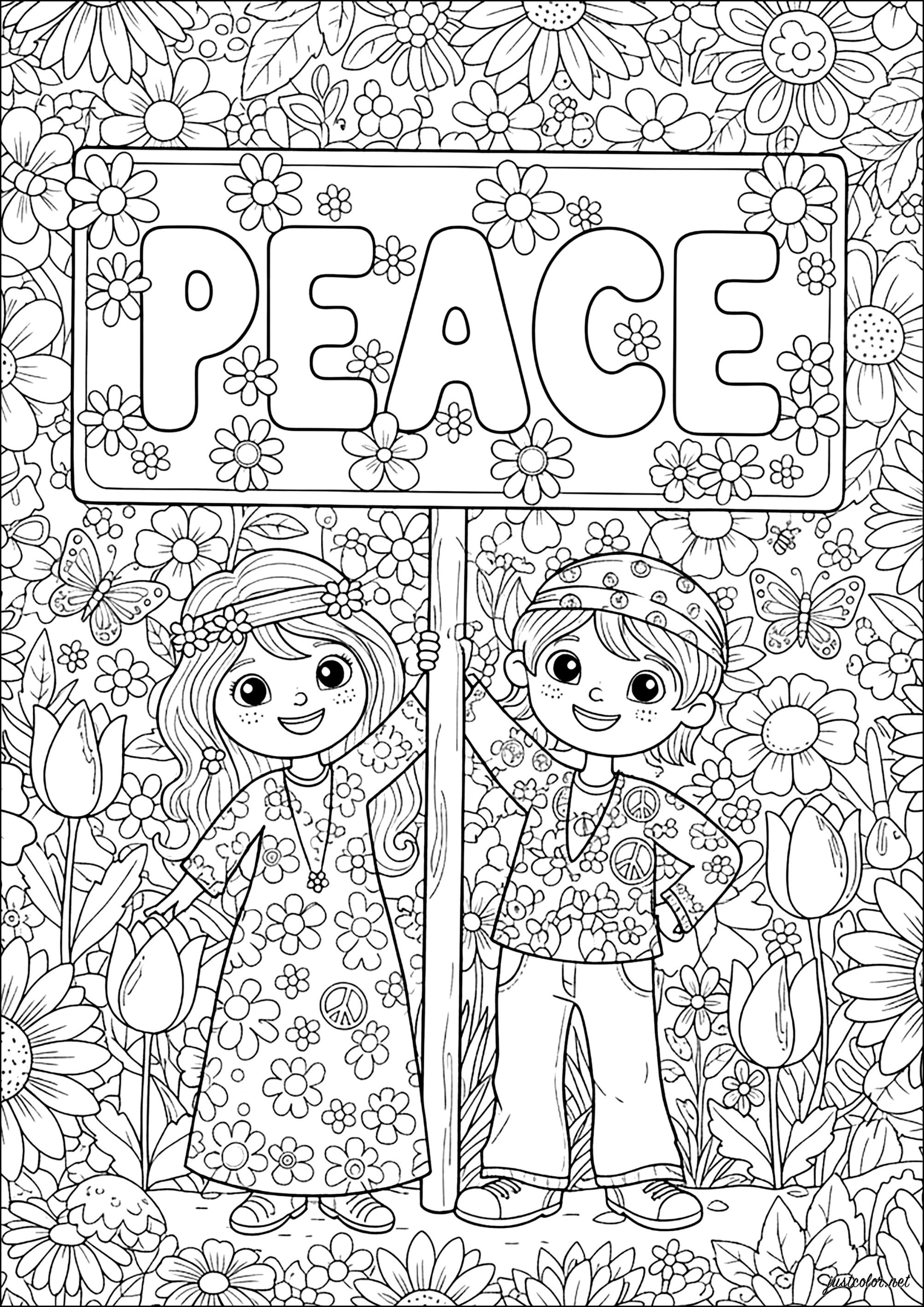 Niños felices llevando un cartel de "PAZ" (Página Anti-stress / Zen para imprimir para adultos)