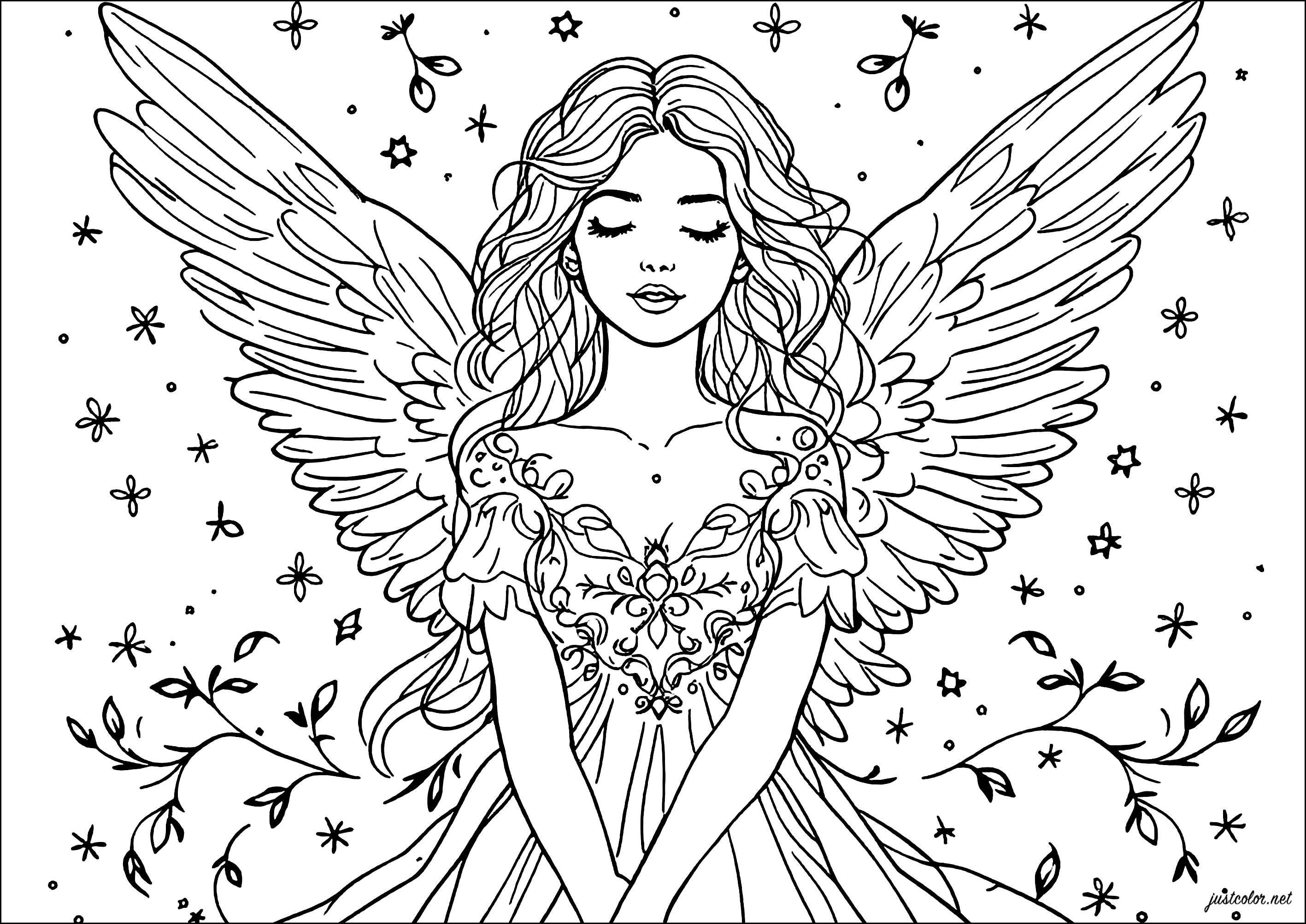 Ángel con alas delicadas (Página Anti-stress / Zen para imprimir para adultos)