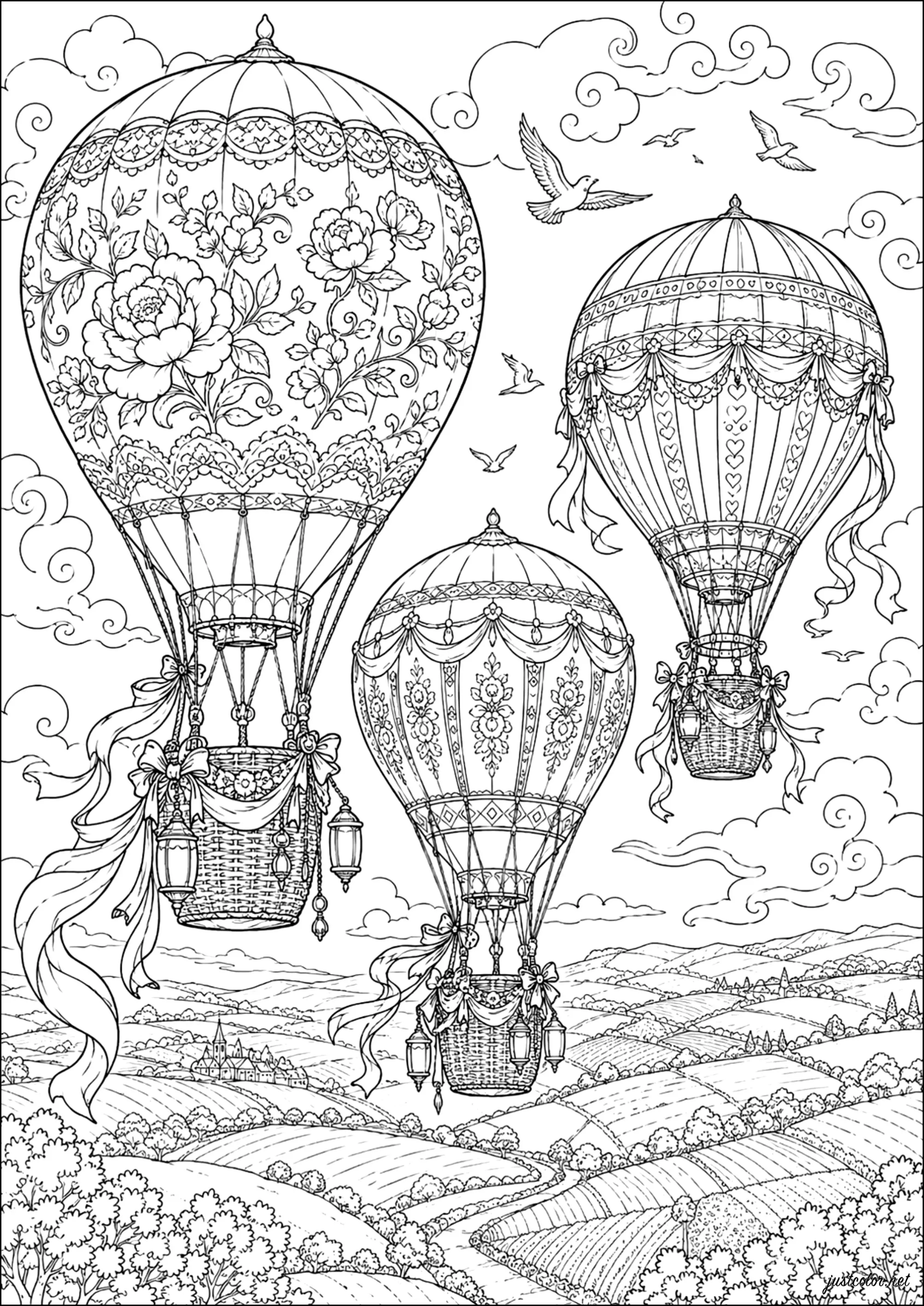 Globos aerostáticos sobre los campos (Página Anti-stress / Zen para imprimir para adultos)