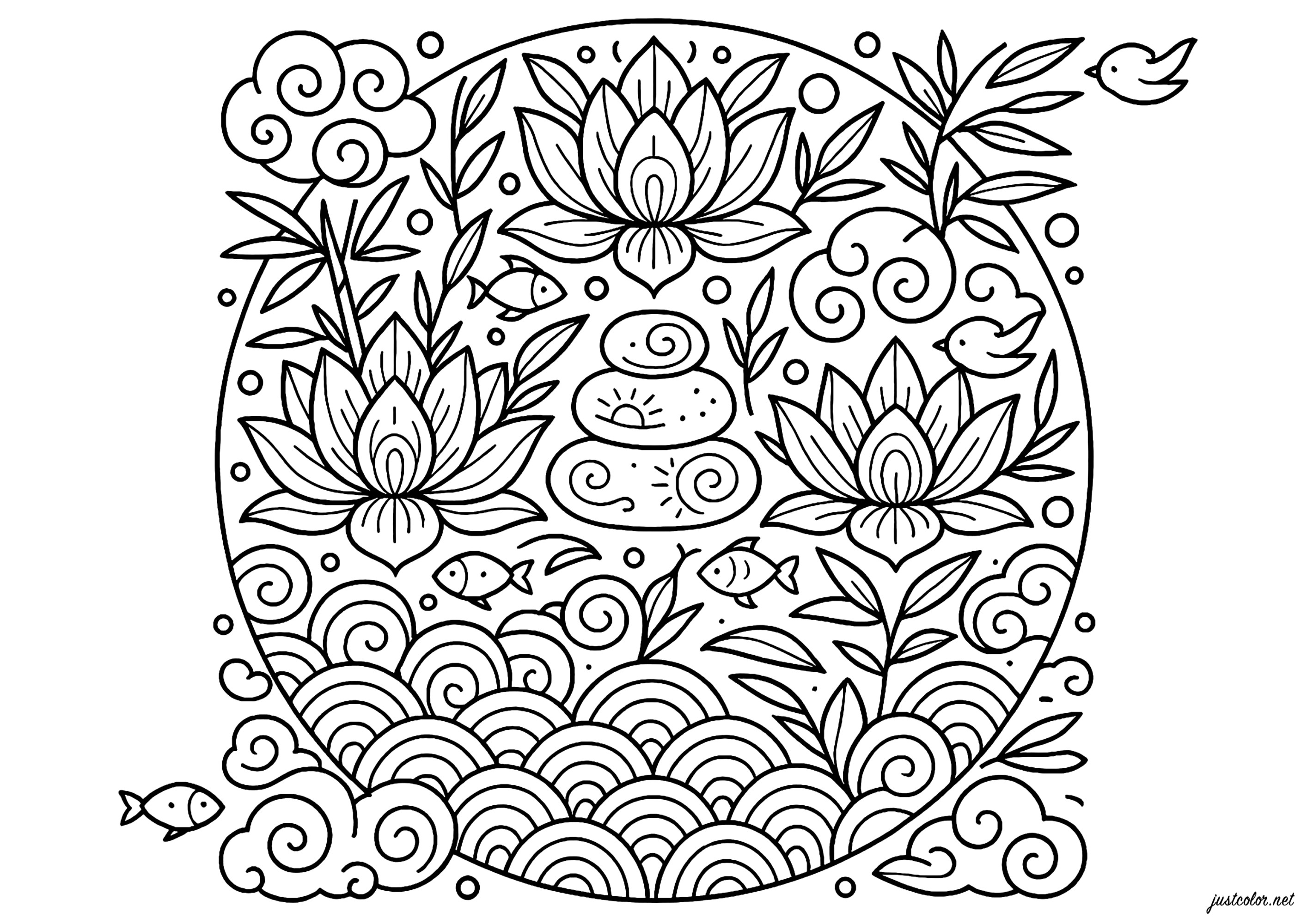 Armonía acuática y floral (Página Anti-stress / Zen para imprimir para adultos)