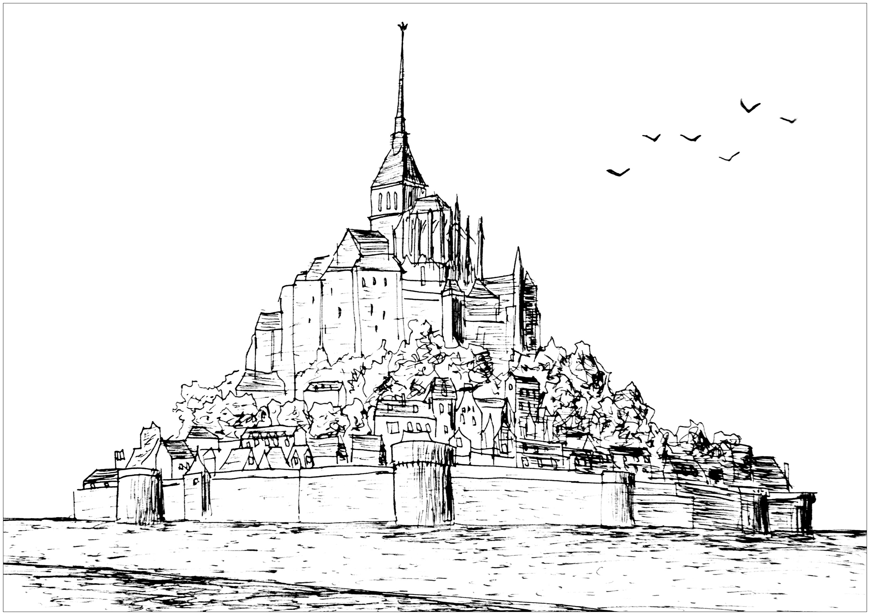 Dibujo original del Mont-Saint-Michel en Francia. El Monte Saint-Michel y su bahía figuran en la lista del Patrimonio Mundial de la UNESCO. Cada año lo visitan más de 3 millones de personas, para una población de 50 habitantes. Más de 60 edificios del municipio están protegidos en Francia como 'monuments historiques'.
