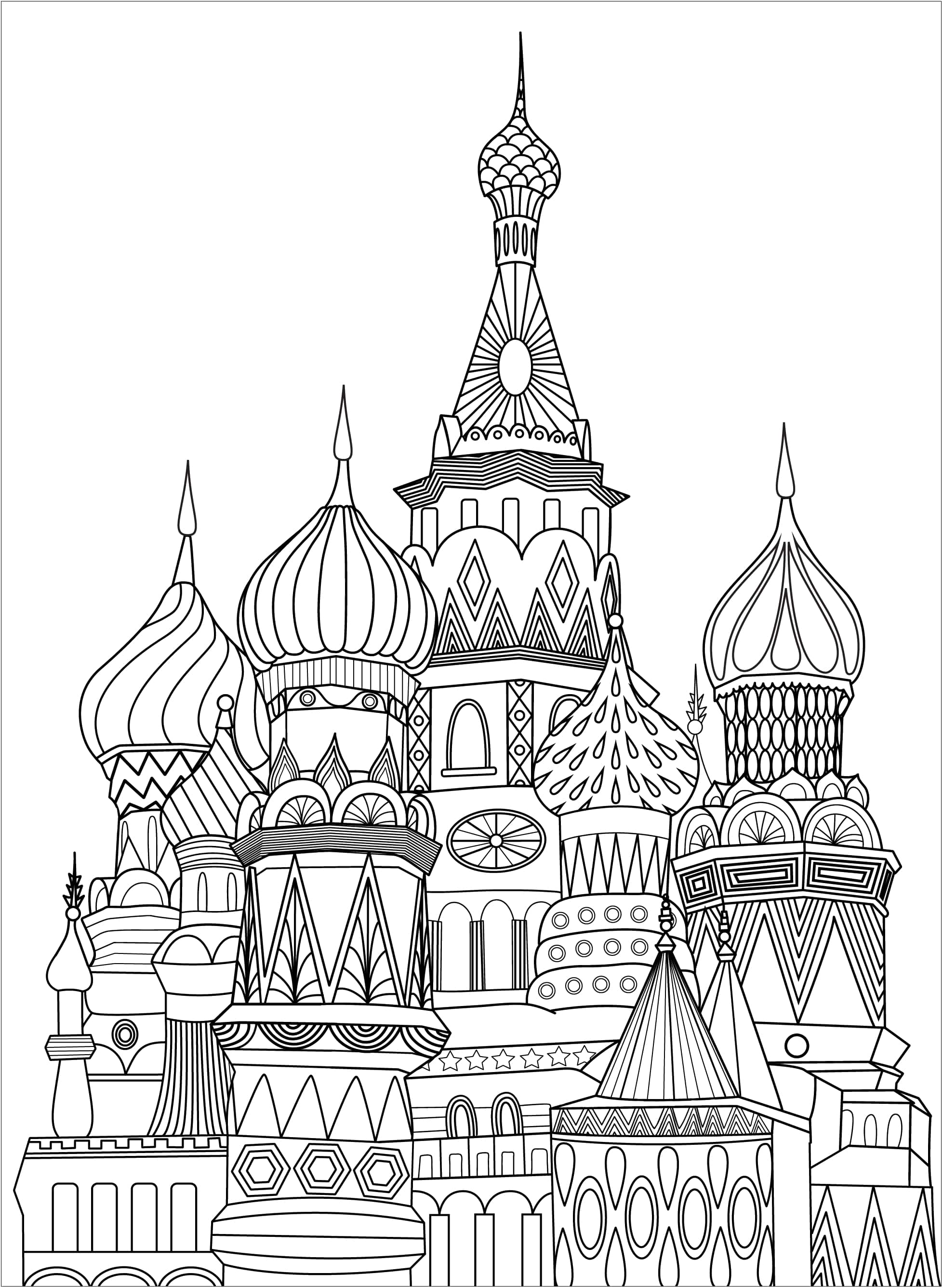 Página para colorear única que representa la Plaza Roja de Moscú.  La Plaza Roja es una plaza abierta de Moscú adyacente a la fortaleza histórica y centro de gobierno conocido como el Kremlin.