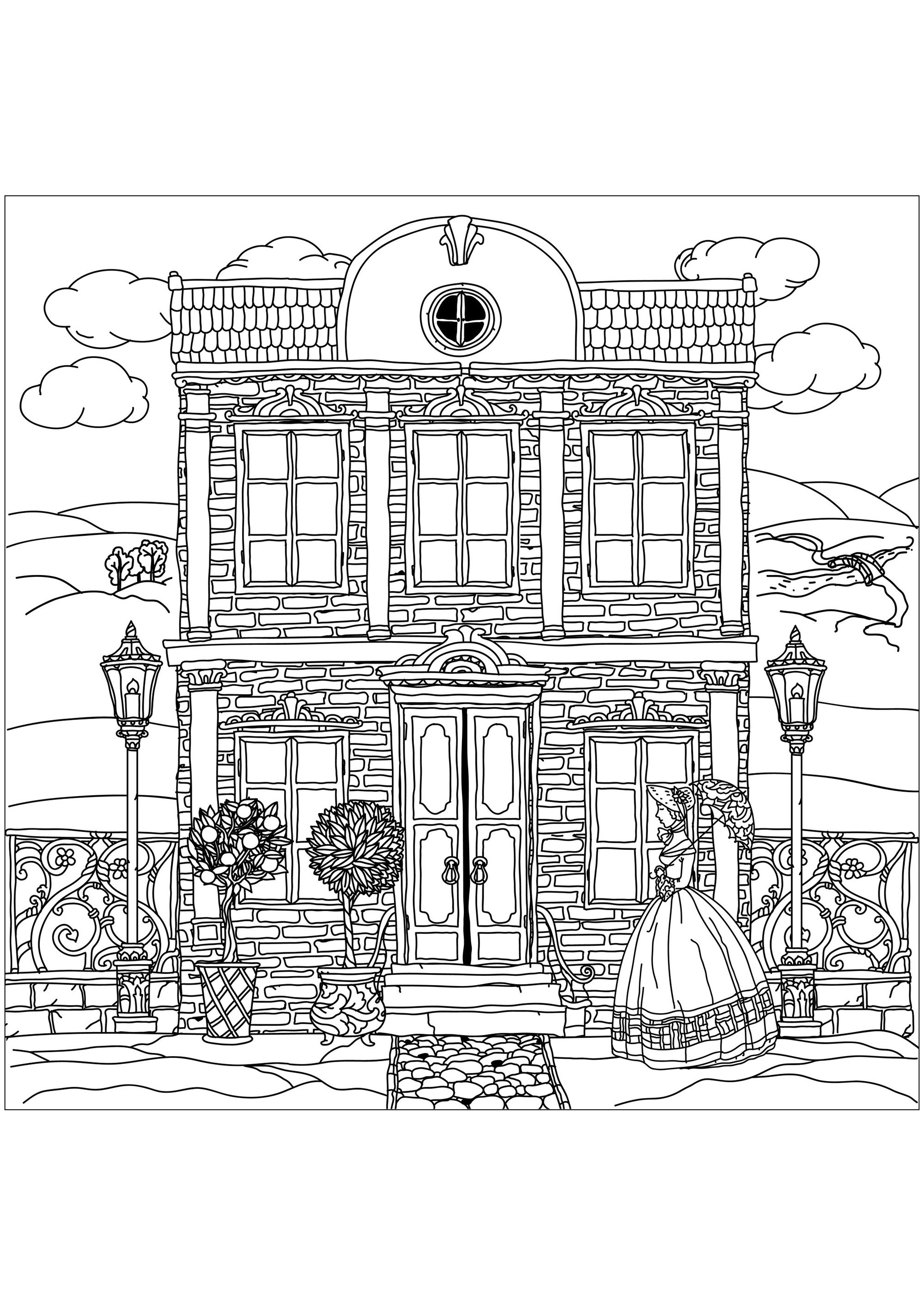 Casa victoriana y joven vestida con la elegancia de la época¡Viaja al pasado con esta preciosa página para colorear!, Origen : 123rf   Artista : Mashabr