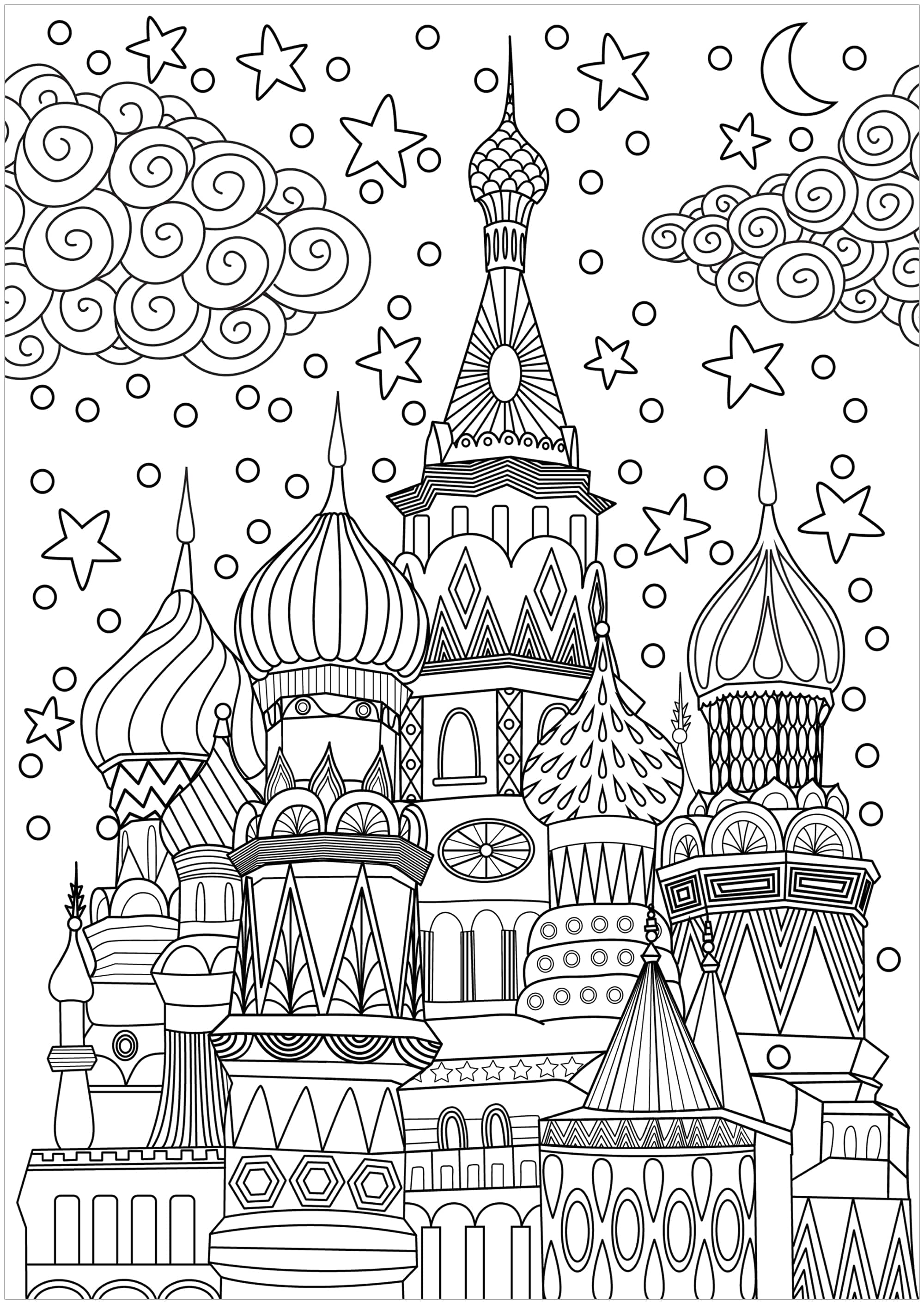 Dibujo original de la Plaza Roja de Moscú, Rusia, con un cielo lleno de nubes, nieve y simpáticas estrellas