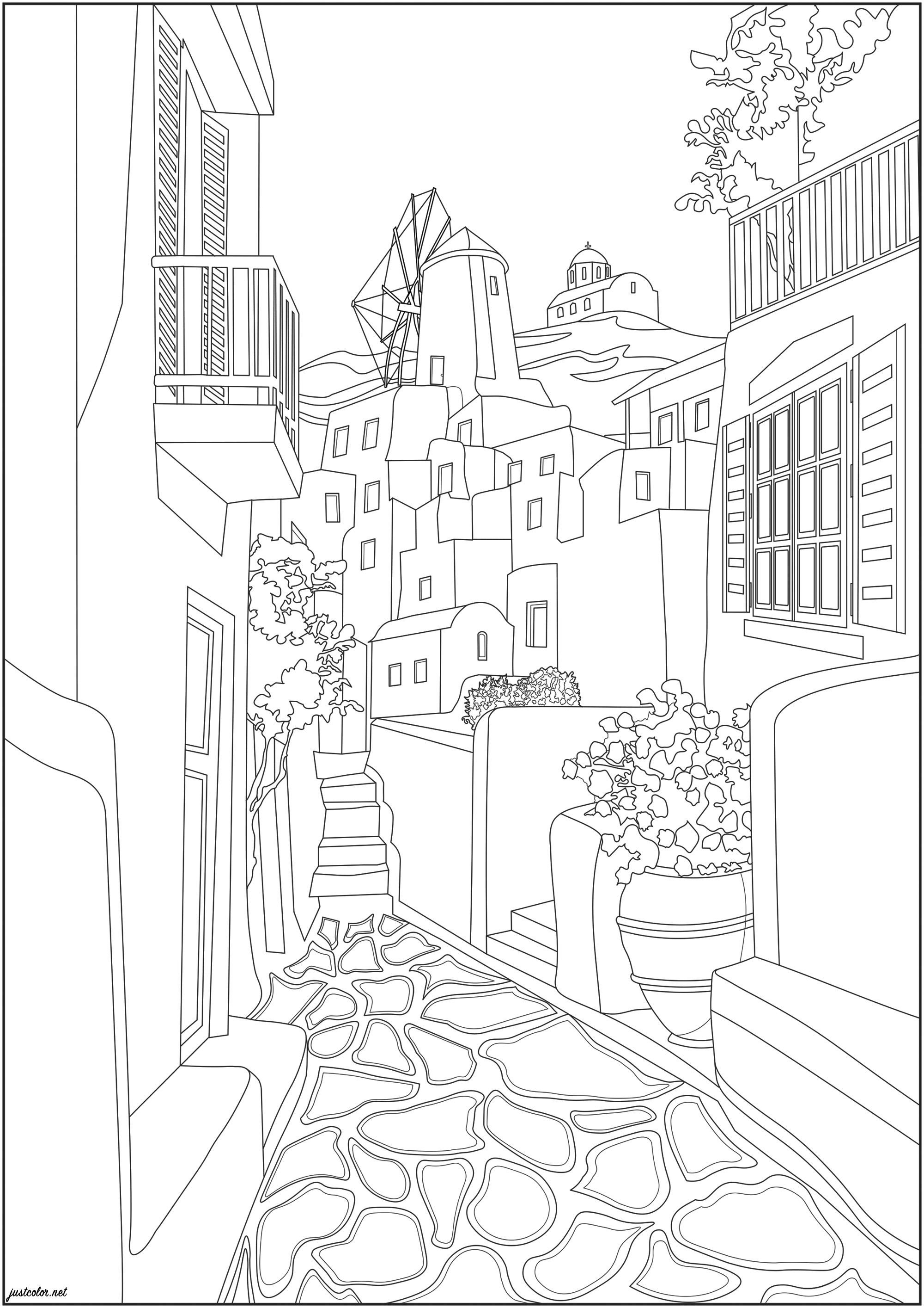 Bonita calle en una típica ciudad portuguesa. Una hermosa calle estrecha con anchos adoquines, buganvillas y un magnífico molino de viento en lo alto de la ciudad, Artista : Morgan