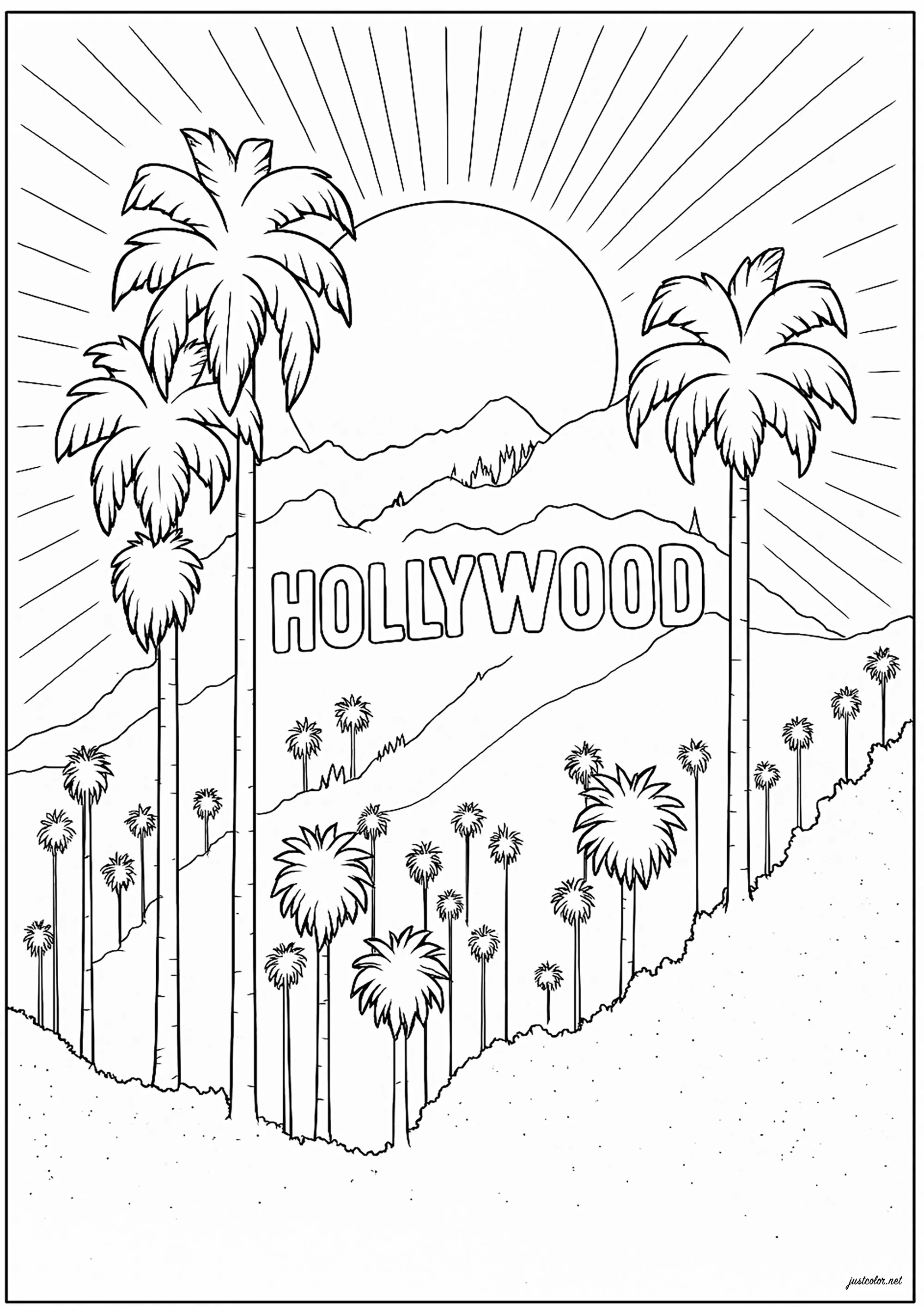 Hollywood en Los Ángeles, y su famosa colina (Página de Países, ciudades y monumentos para imprimir para adultos)