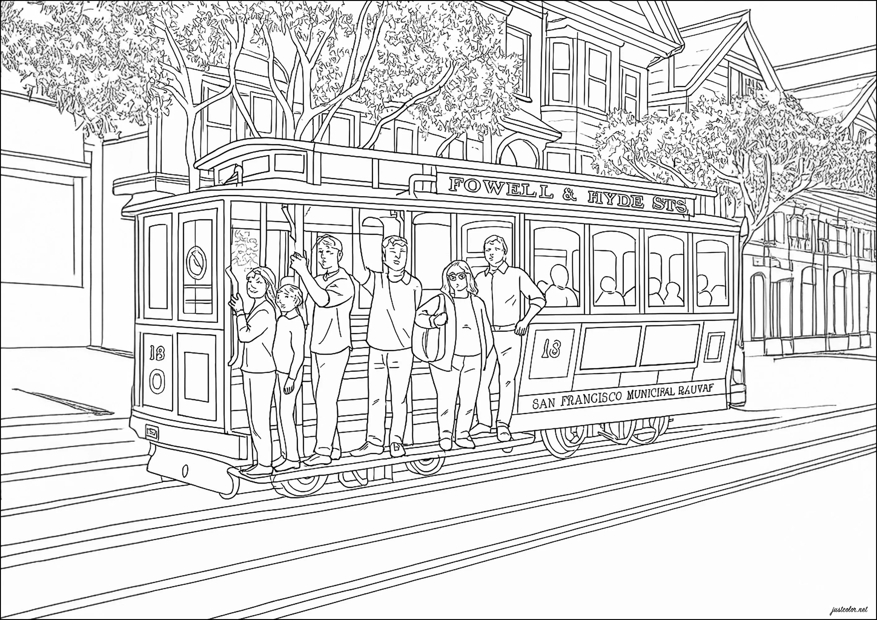 El tranvía de San Francisco (Página de Países, ciudades y monumentos para imprimir para adultos)