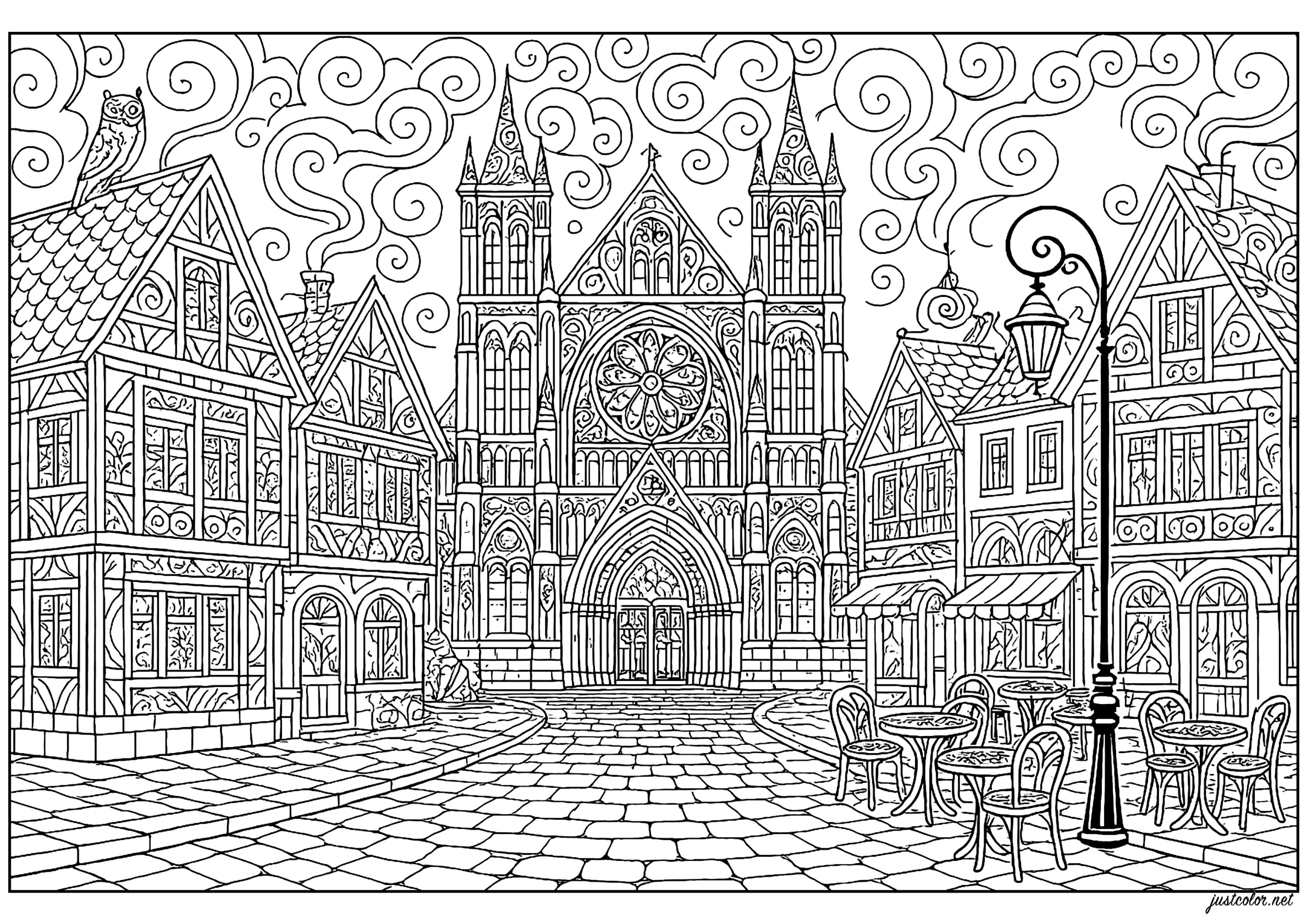 Encantadora calle medieval llena de detalles (Página de Países, ciudades y monumentos para imprimir para adultos)