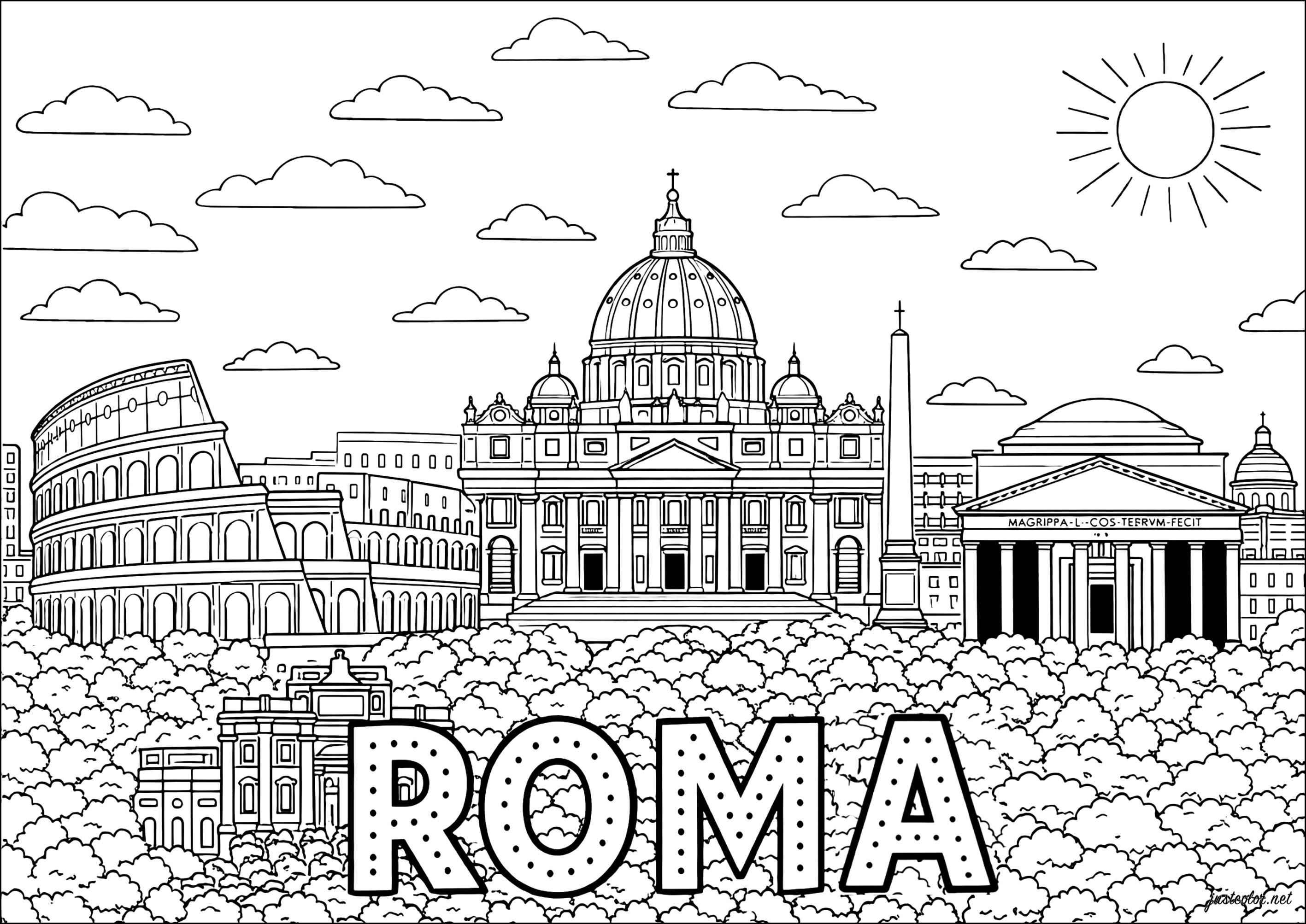 Las bellezas arquitectónicas de Roma (Página de Países, ciudades y monumentos para imprimir para adultos)