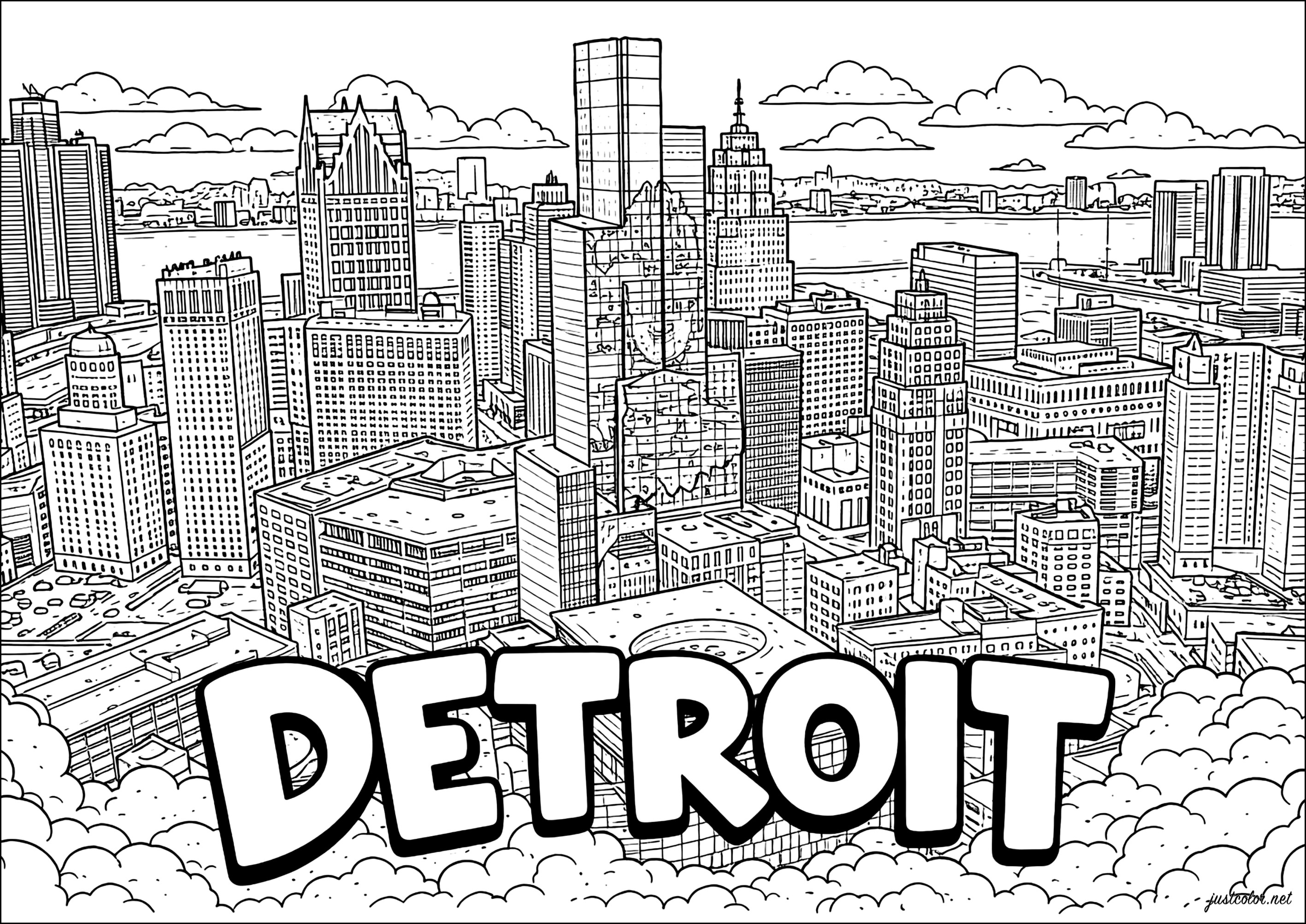 Vista aérea de los edificios de Detroit (Página de Países, ciudades y monumentos para imprimir para adultos)