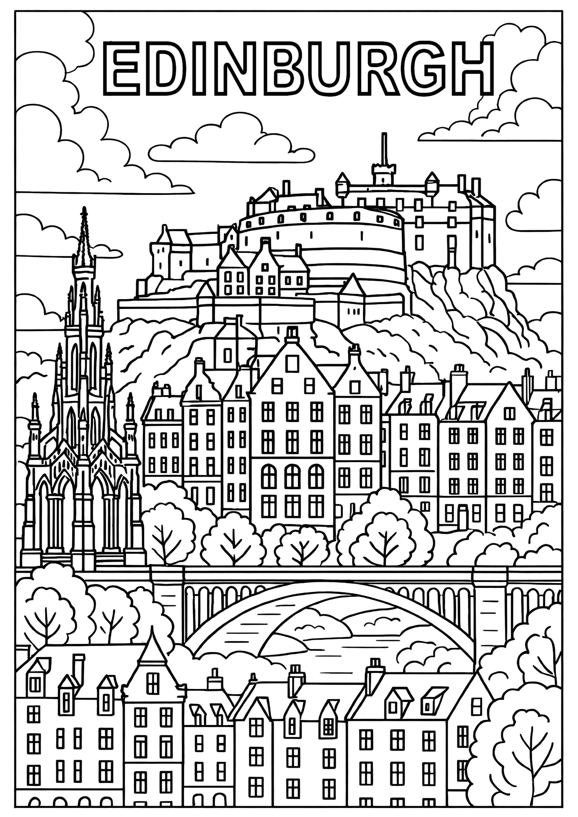 Castillo de Edimburgo con vistas a la ciudad (Escocia, Reino Unido) (Página de Países, ciudades y monumentos para imprimir para adultos)