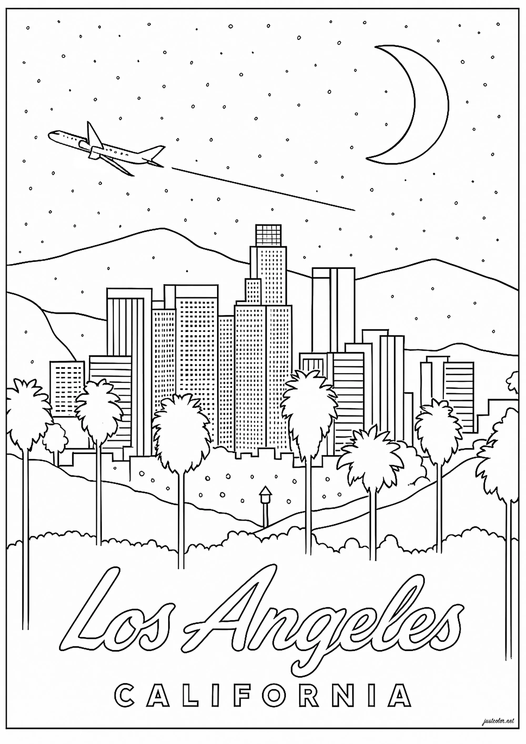 Los Ángeles: edificios y colinas (Página de Países, ciudades y monumentos para imprimir para adultos)