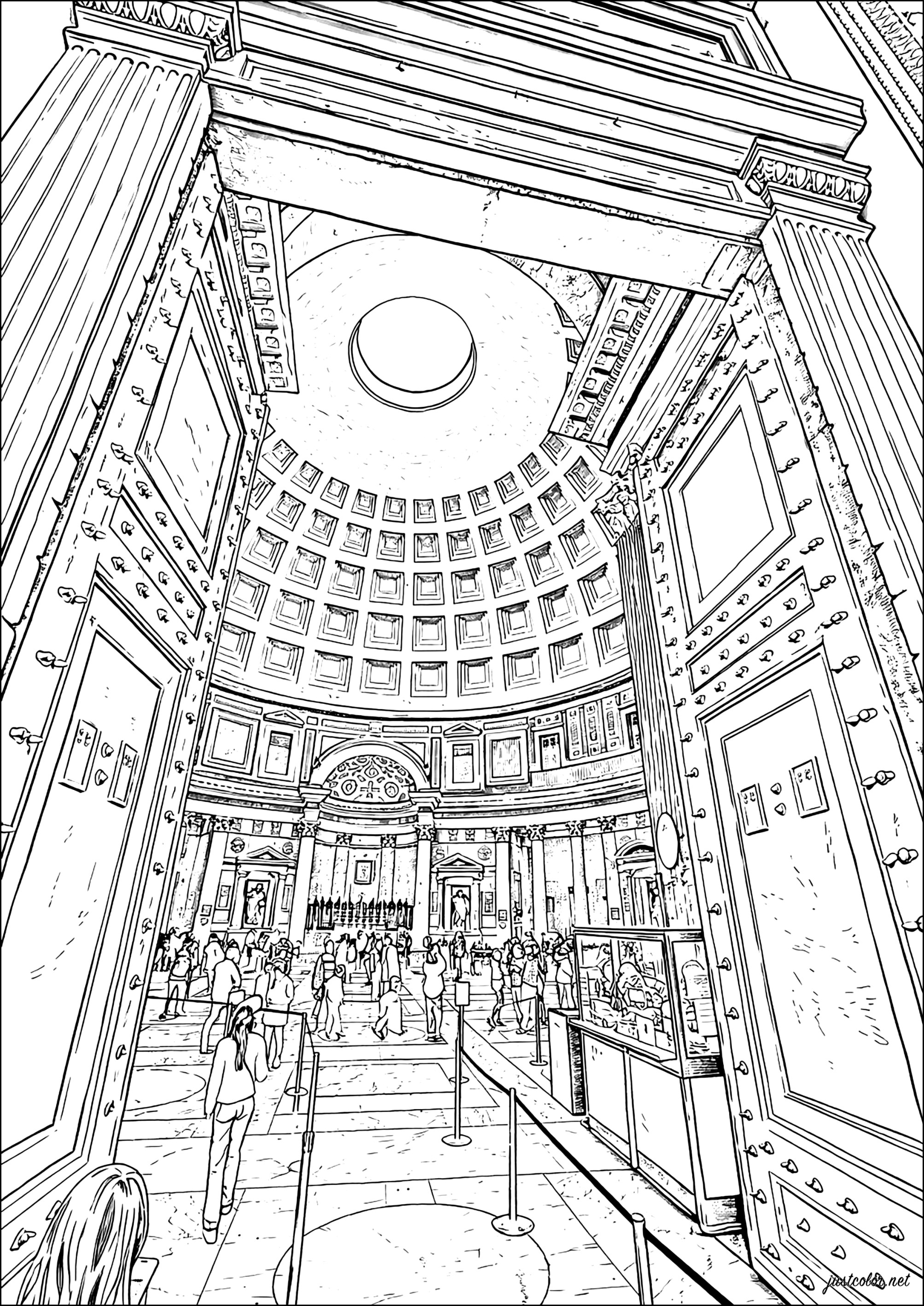 Dentro del Panteón de Roma y su monumental cúpula (Página de Países, ciudades y monumentos para imprimir para adultos)