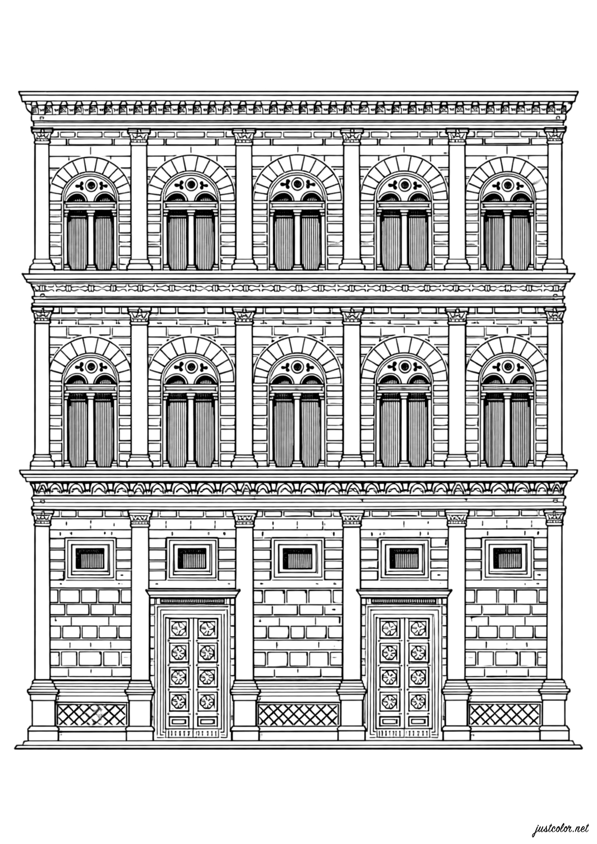 Fachada de edificio majestuosa de estilo renacentista (Página de Arquitectura para imprimir para adultos)