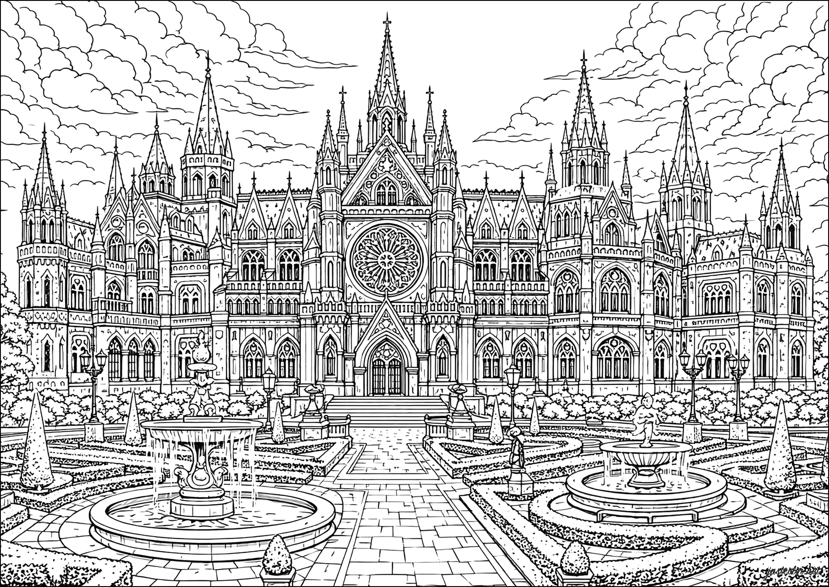 Majestuosa catedral gótica castillo y jardín (Página de Arquitectura para imprimir para adultos)