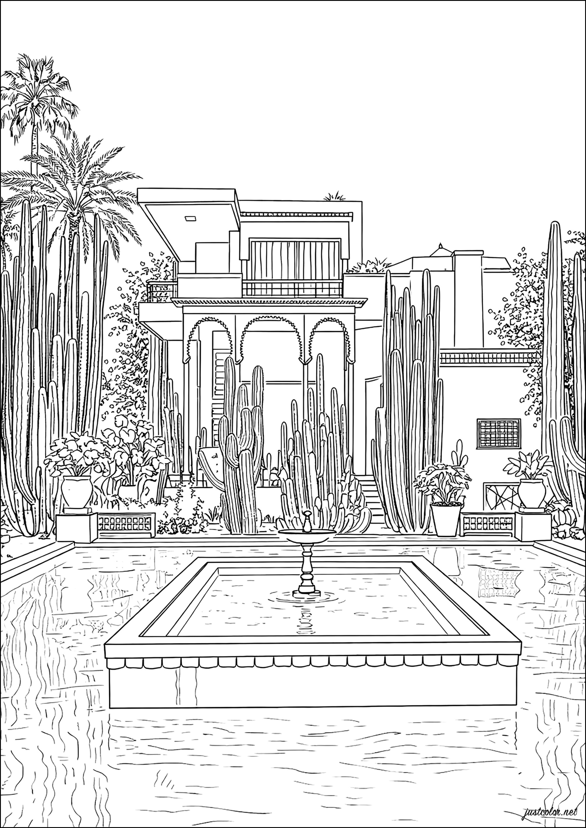 Jardín Majorelle en Marrakech – Una villa y jardín botánico icónicos (Página de Arquitectura para imprimir para adultos)