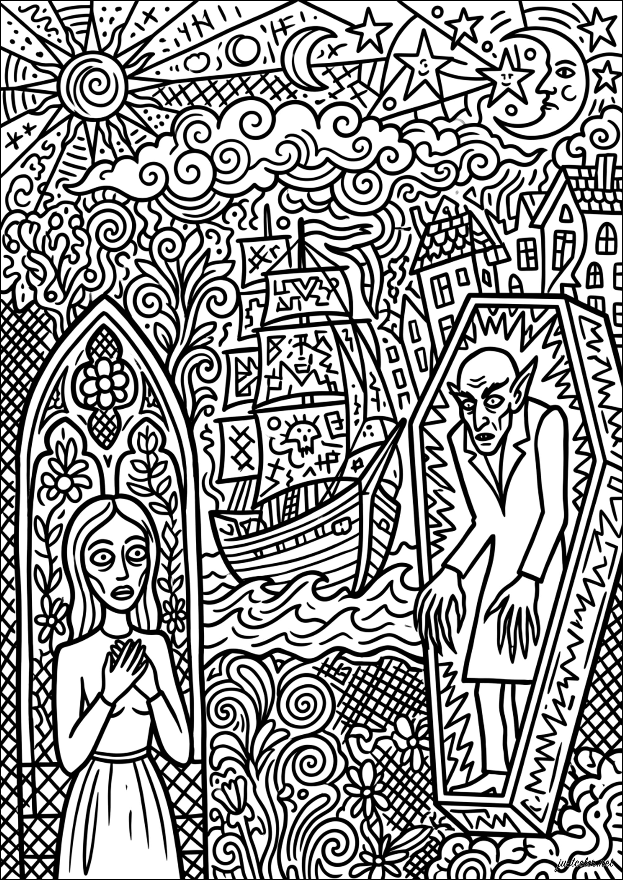 Universo de fantasía oscura inspirado en Art Brut (Página para imprimir para adultos)