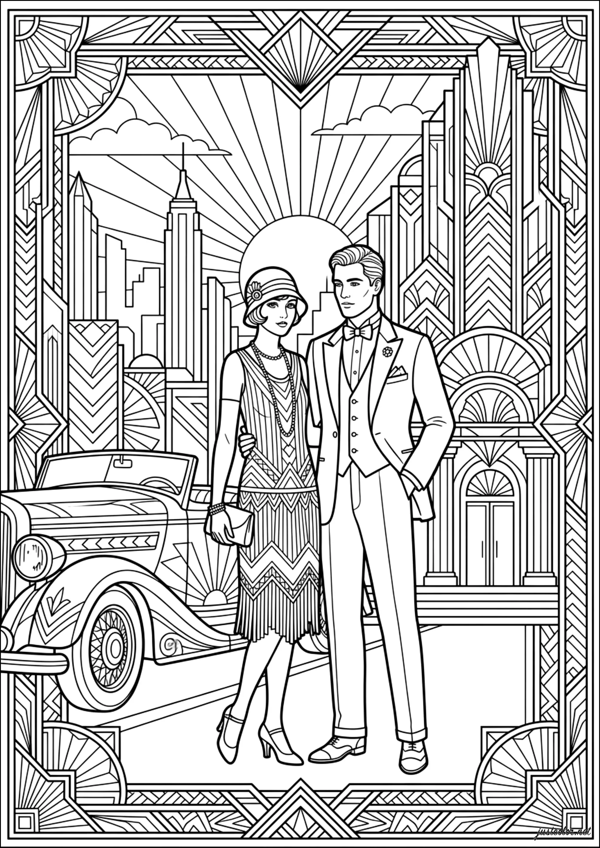 Elegancia motorizada de los locos años veinte (Página de Art deco para imprimir para adultos)