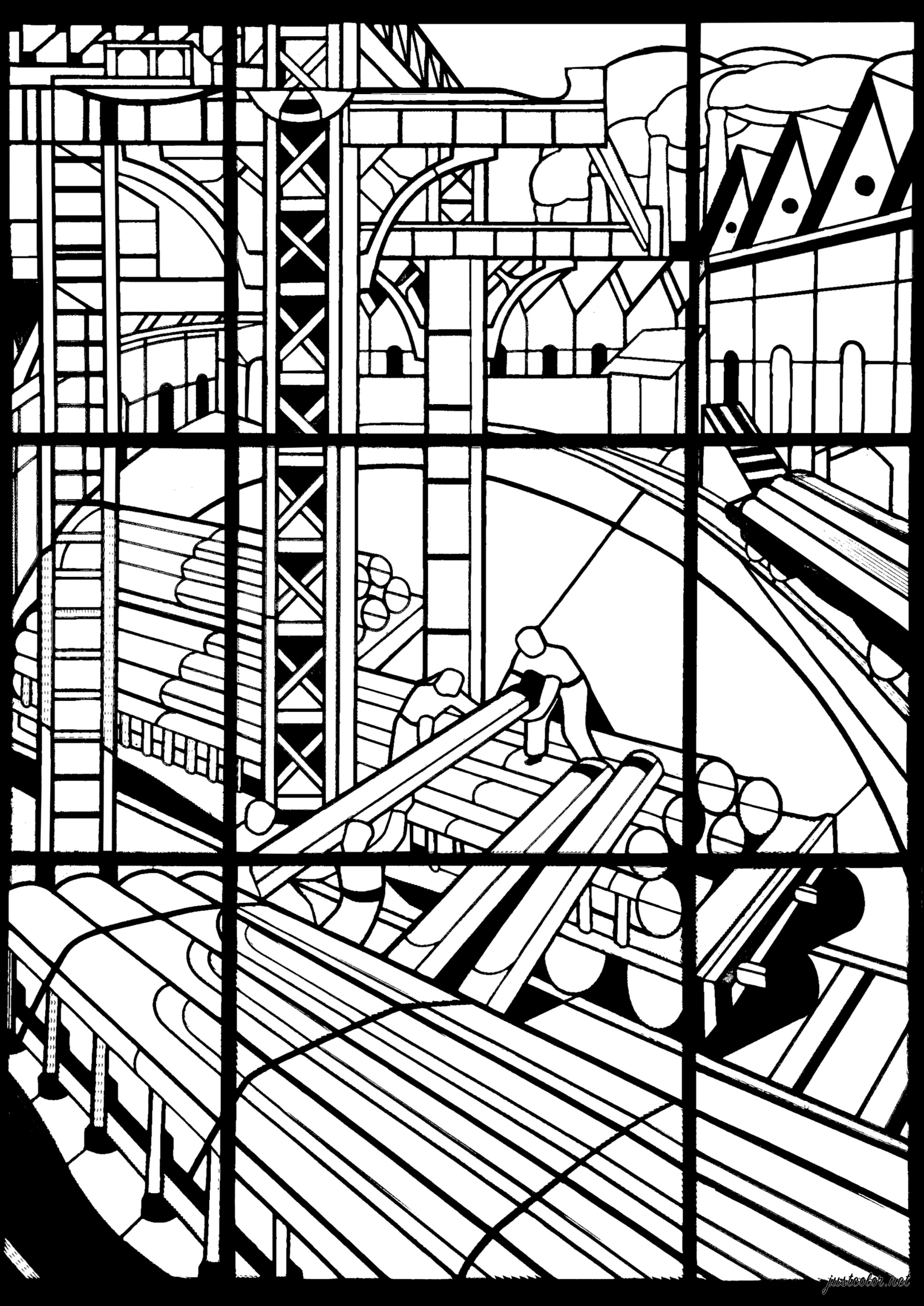 Trabajo industrial en la fábrica (Página de Art deco para imprimir para adultos)