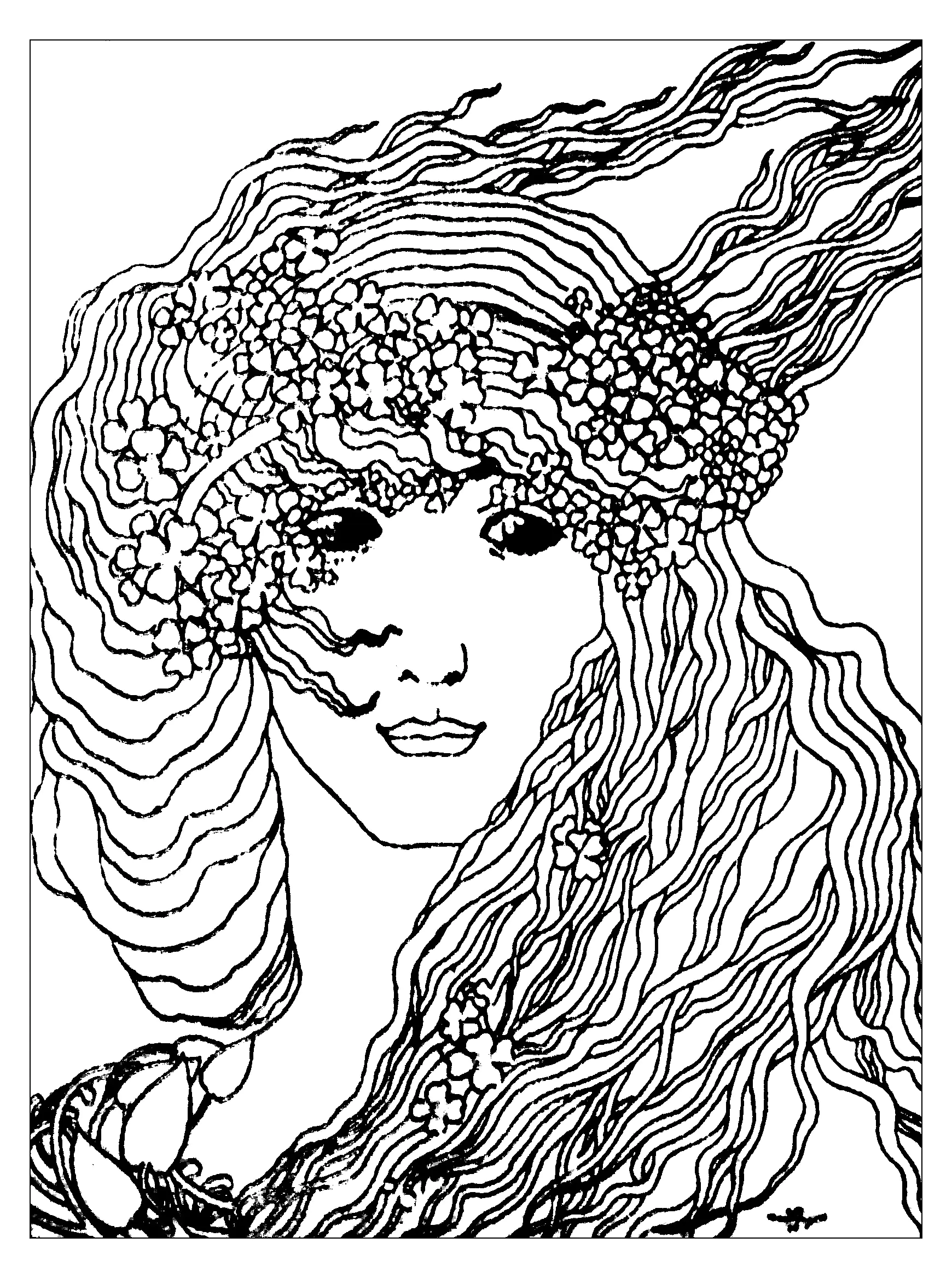 Libro de colorear ilustrado basado en "Climax" de Aubrey Vincent Beardsley (1893). (Art nouveau)