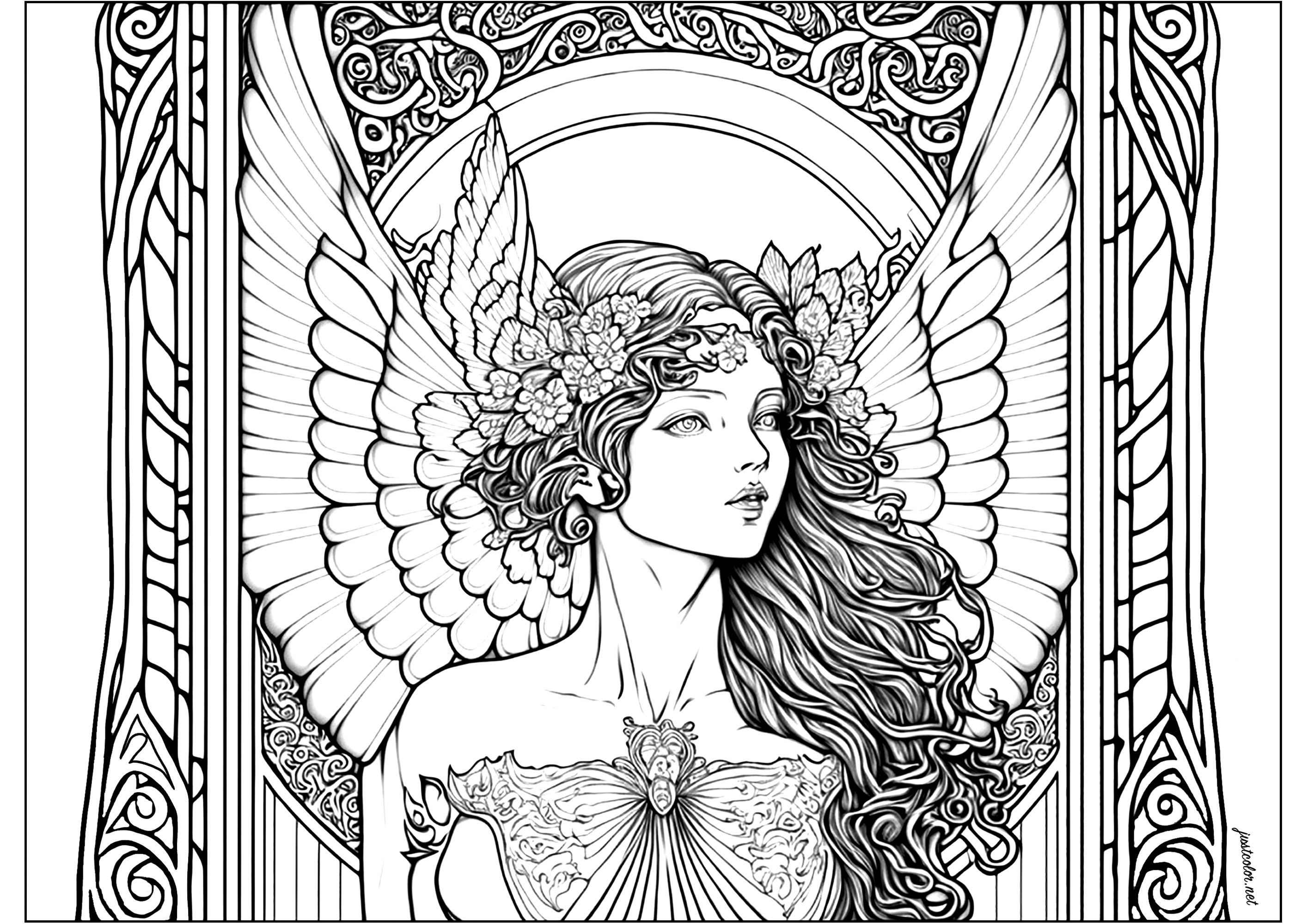 Bonita mujer alada. Una encantadora mujer alada, con motivos libremente inspirados en el estilo Art Nouveau. Los contornos son delicados y detallados, y la mirada de la figura inspira contemplación y dejarse llevar.