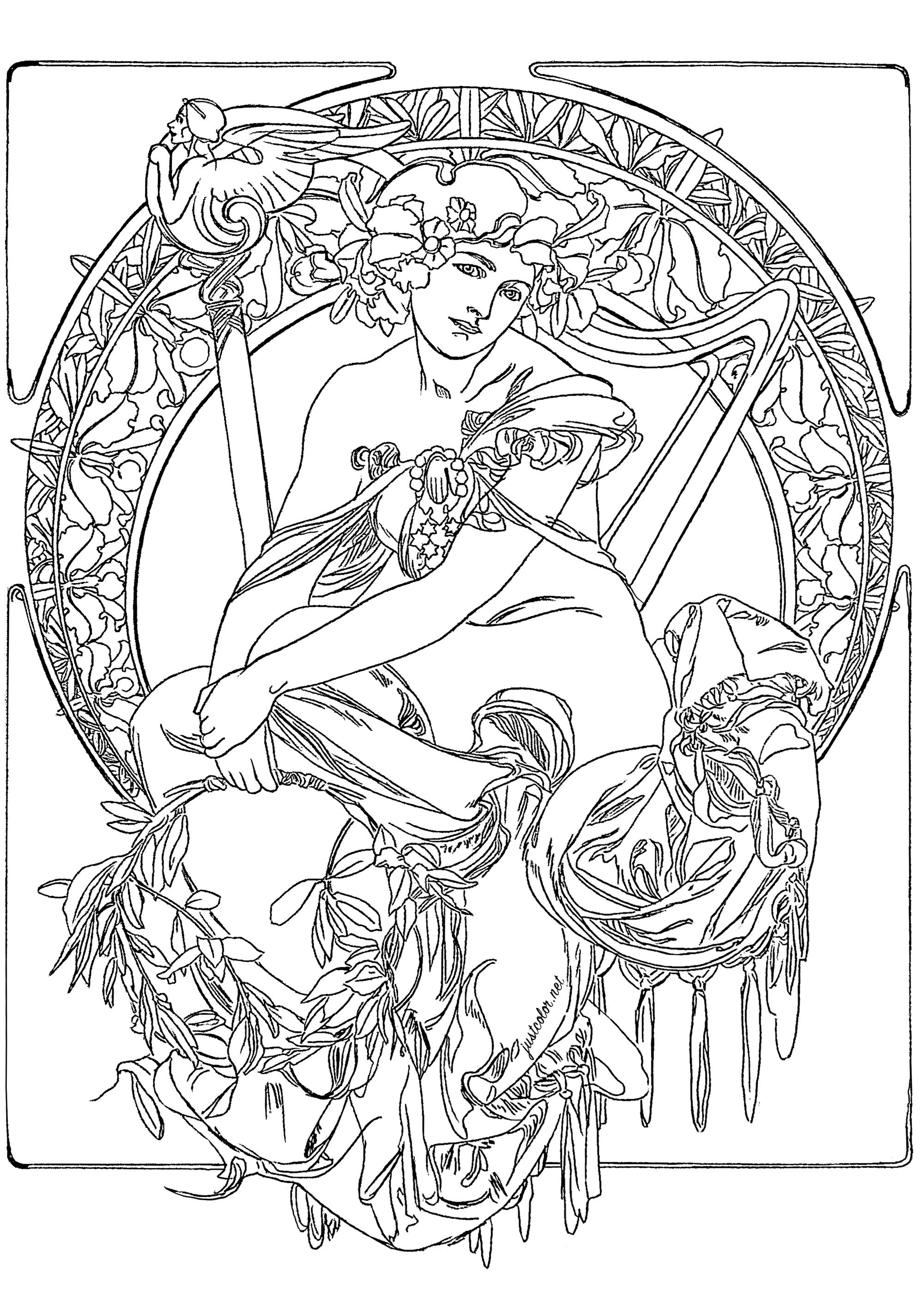 Alfons Mucha - Estudio para un cartel publicitario (1900). La composición se basa en un círculo central, rodeado de una serie de motivos florales y geométricos. En el círculo central aparece una figura femenina, cuyas ropas están adornadas con motivos florales y una corona de hojas y flores. Aunque se trata de un boceto, los detalles son muy precisos, lo que refleja la delicadeza y la atención al detalle de Mucha (el dibujo original ha sido ligeramente retocado para poder colorearlo), Artista : Olivier