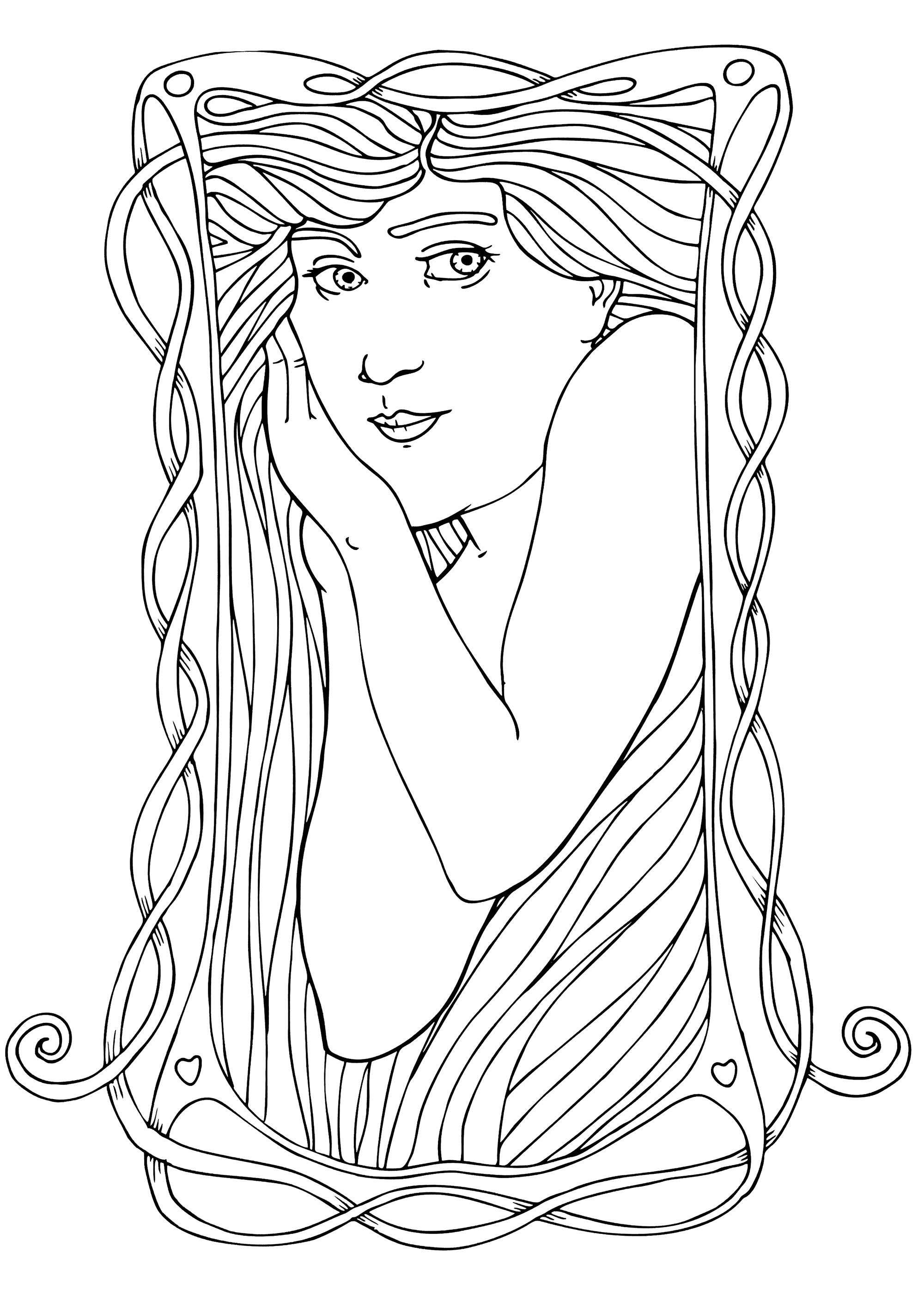 Art Nouveau Mujer - Simple. Representación de una mujer en estilo Art Nouveau, reproduciendo el estilo de Alfons Mucha, con pocos detalles, Artista : Art'Isabelle