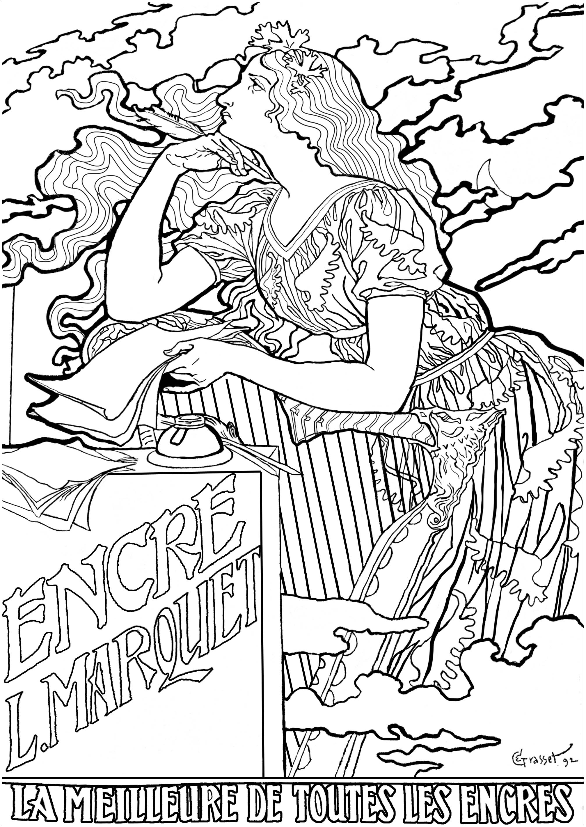 Eugène Grasset: Cartel para tintas L. Marquet. Esta página para colorear está basada en un cartel publicitario de 1892, creado por Eugène Grasset para una marca de tinta y muy representativo del estilo Art Nouveau, Artista : Olivier