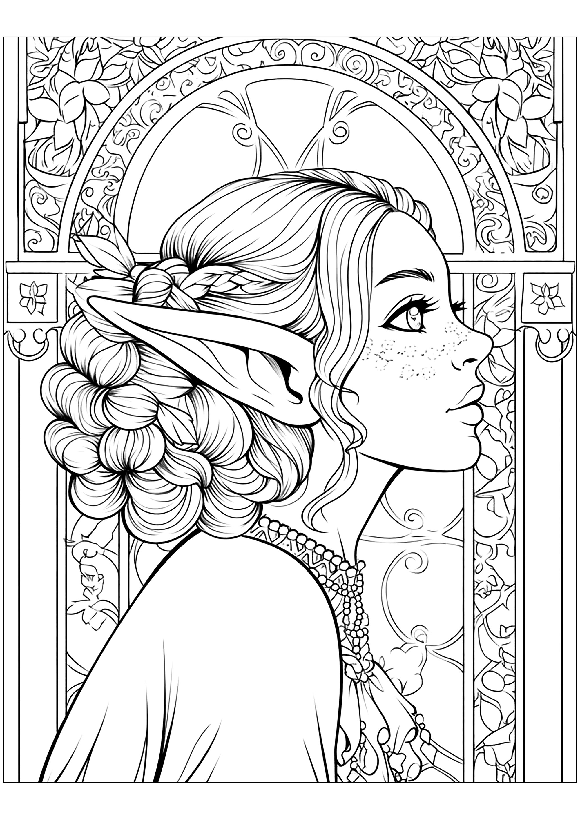 Dibujo de un Elfo en estilo Art Nouveau. Bonitos detalles para colorear en el fondo