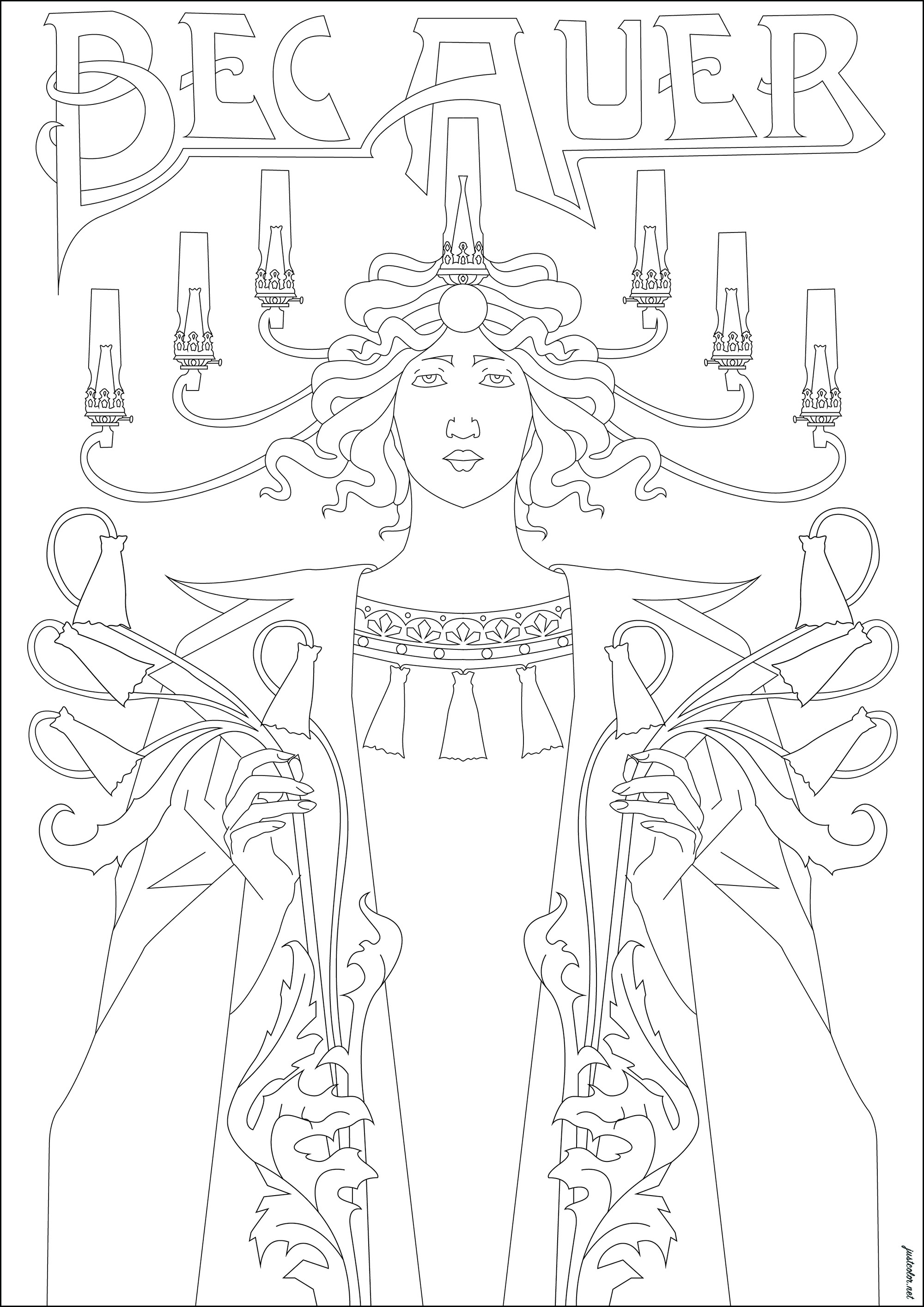 Bec Auer, cartel publicitario de Alphonse Mucha (Página de Art nouveau para imprimir para adultos)