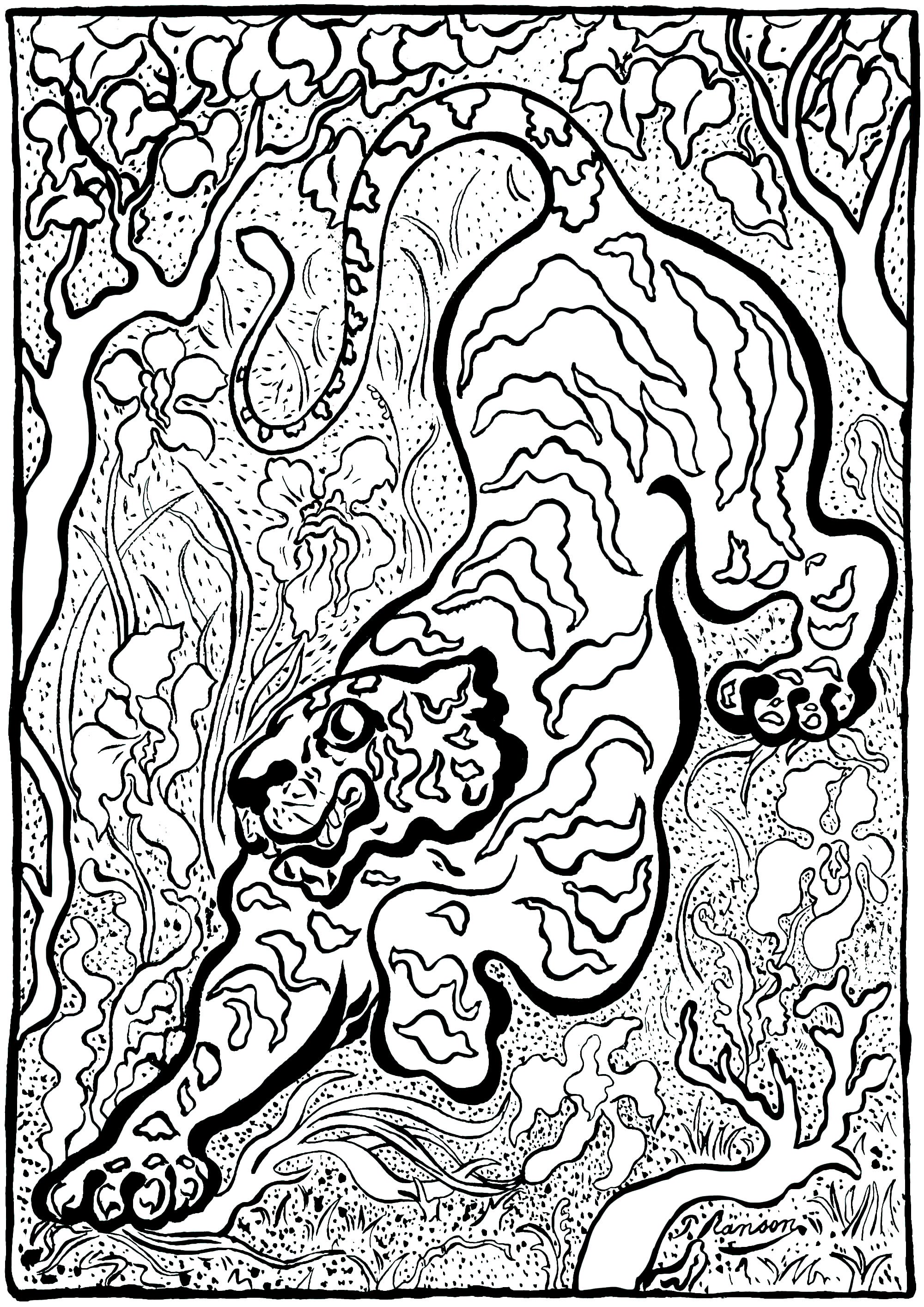 Página para colorear creada a partir de la obra de Paul-Élie Ranson 'Tigre en la jungla' (1883) - Versión 1 (simple). Paul-Élie Ranson, que pertenece al grupo 'Les Nabis', ha desarrollado un estilo original con resonancias simbolistas y esotéricas.Inscrito en la historia del postimpresionismo pero rompiendo con el impresionismo, el movimiento nabi preconiza un retorno a la imaginación y a la subjetividad. Página para colorear creada a partir de la obra de Paul-Élie Ranson 'Tigre en la jungla' (1883) - Versión 1 (simple). Paul-Élie Ranson, que pertenece al grupo 'Les Nabis', ha desarrollado un estilo original con resonancias simbolistas y esotéricas.Inscrito en la historia del postimpresionismo pero rompiendo con el impresionismo, el movimiento nabi preconiza un retorno a la imaginación y a la subjetividad.