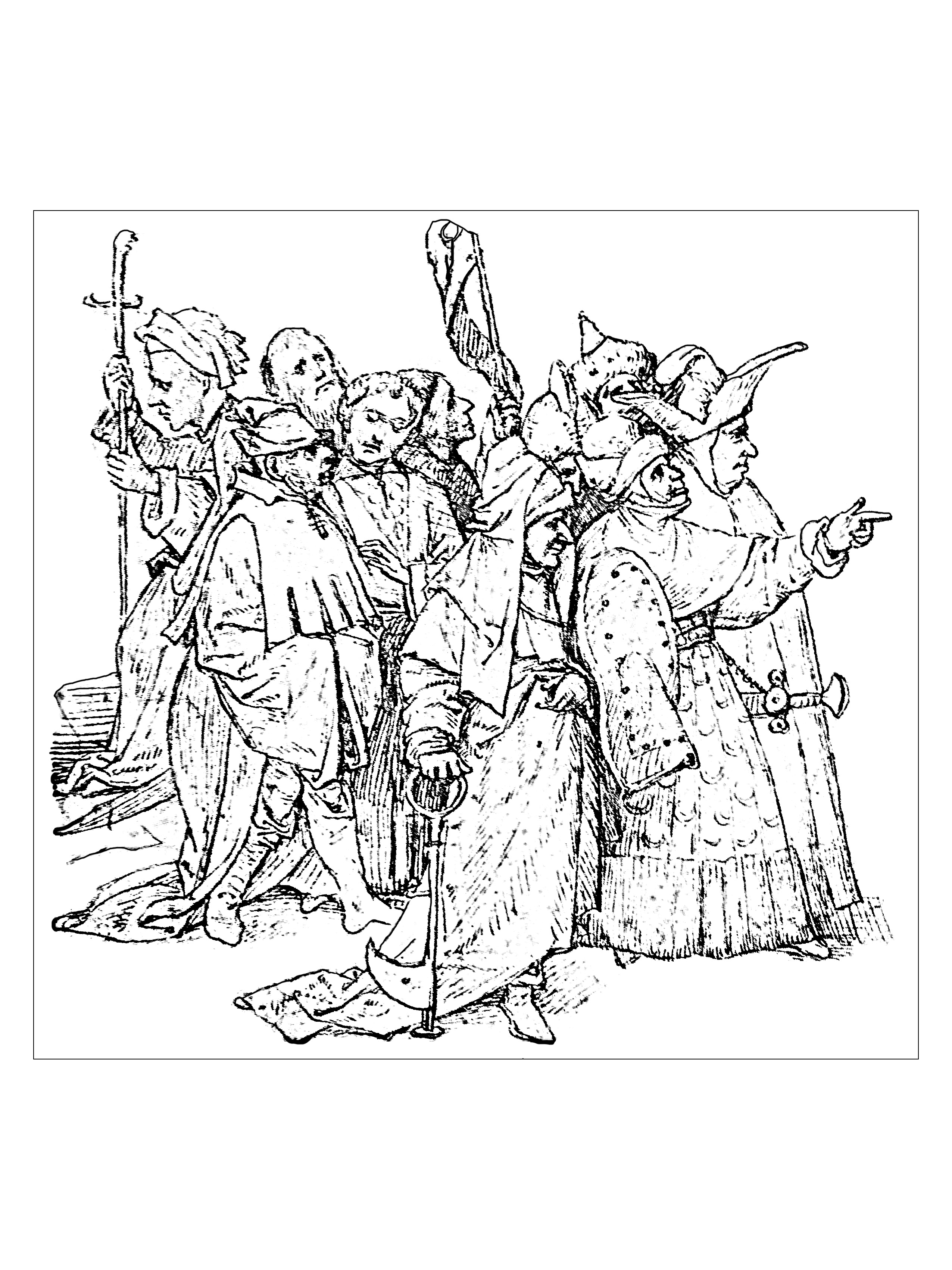 Página para colorear creada a partir de un dibujo de 1516 de Jérome Bosch (pintor flamenco : 1450 - 1516) Página para colorear creada a partir de un dibujo de 1516 de Jérome Bosch (pintor flamenco : 1450 - 1516)