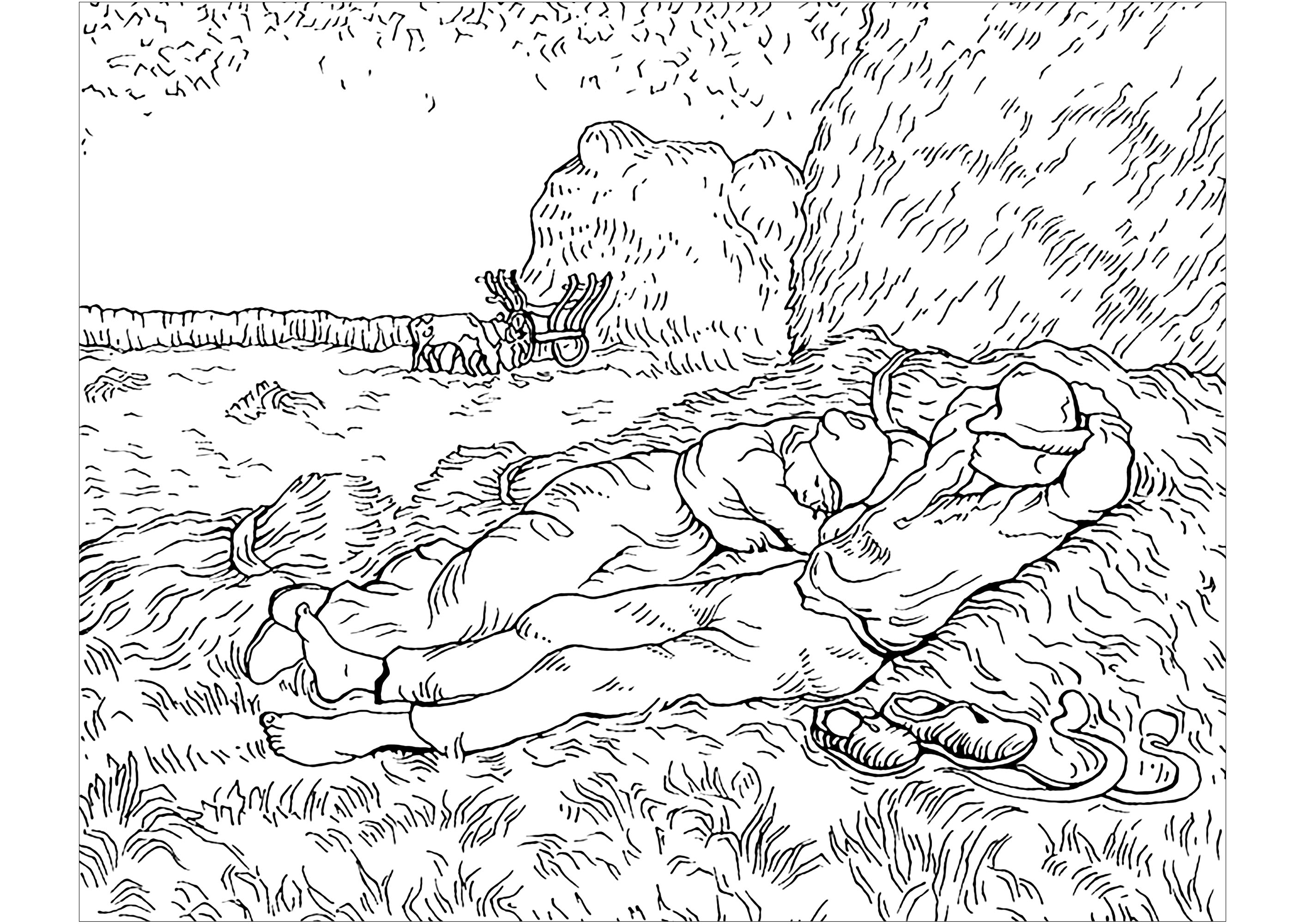 Página para colorear creada a partir de un cuadro de Vincent Van Gogh : Mediodía (Descanso del trabajo), Artista : Art'Isabelle Página para colorear creada a partir de un cuadro de Vincent Van Gogh : Mediodía (Descanso del trabajo), Artista : Art'Isabelle