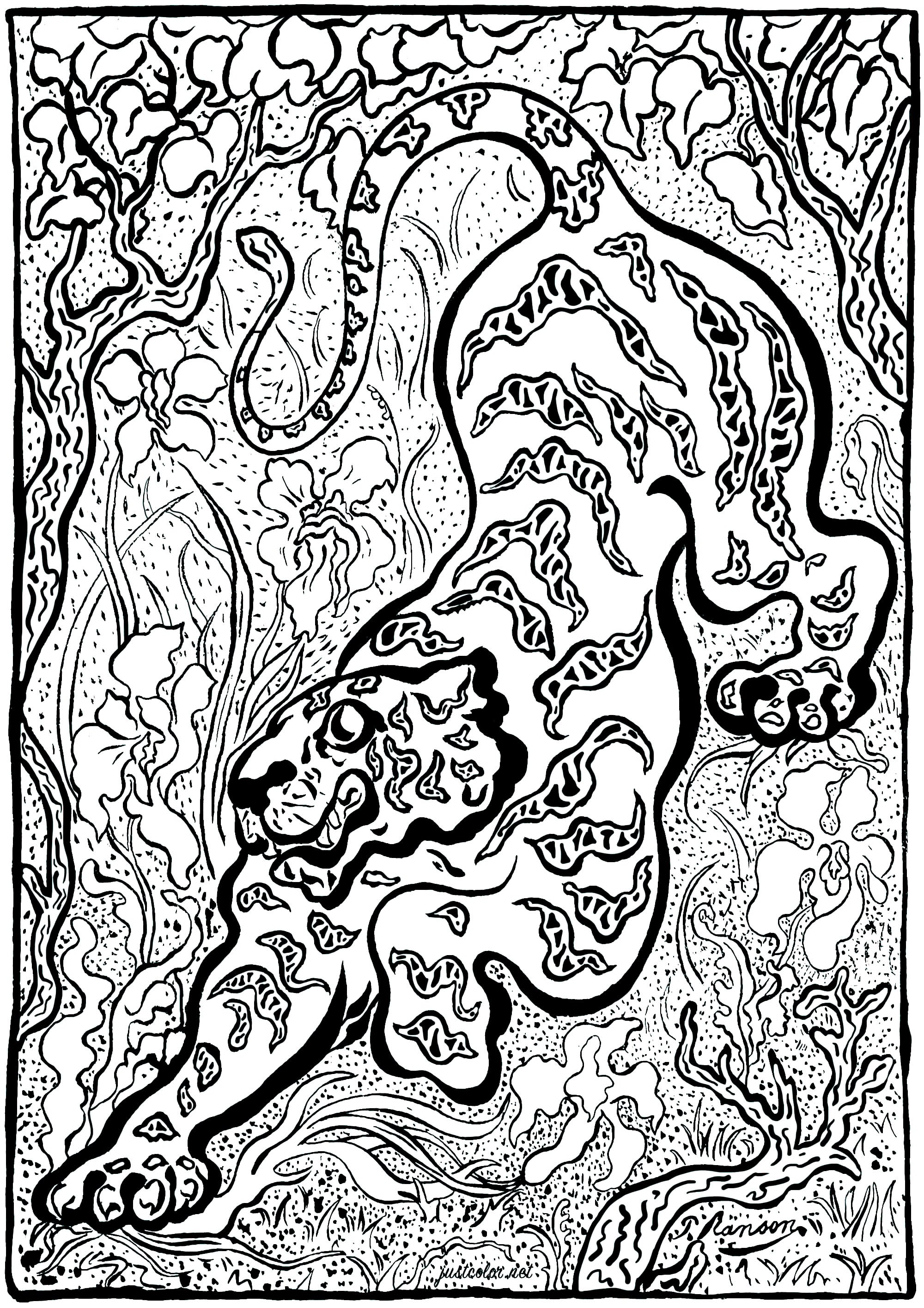 Página para colorear creada a partir de la obra de Paul-Élie Ranson 'Tigre en la jungla' (1883) - Versión 2 (compleja). Paul-Élie Ranson, que pertenece al grupo 'Les Nabis', ha desarrollado un estilo original con resonancias simbolistas y esotéricas.Inscrito en la historia del postimpresionismo pero rompiendo con el impresionismo, el movimiento nabi preconiza un retorno a la imaginación y a la subjetividad. Página para colorear creada a partir de la obra de Paul-Élie Ranson 'Tigre en la jungla' (1883) - Versión 2 (compleja). Paul-Élie Ranson, que pertenece al grupo 'Les Nabis', ha desarrollado un estilo original con resonancias simbolistas y esotéricas.Inscrito en la historia del postimpresionismo pero rompiendo con el impresionismo, el movimiento nabi preconiza un retorno a la imaginación y a la subjetividad.