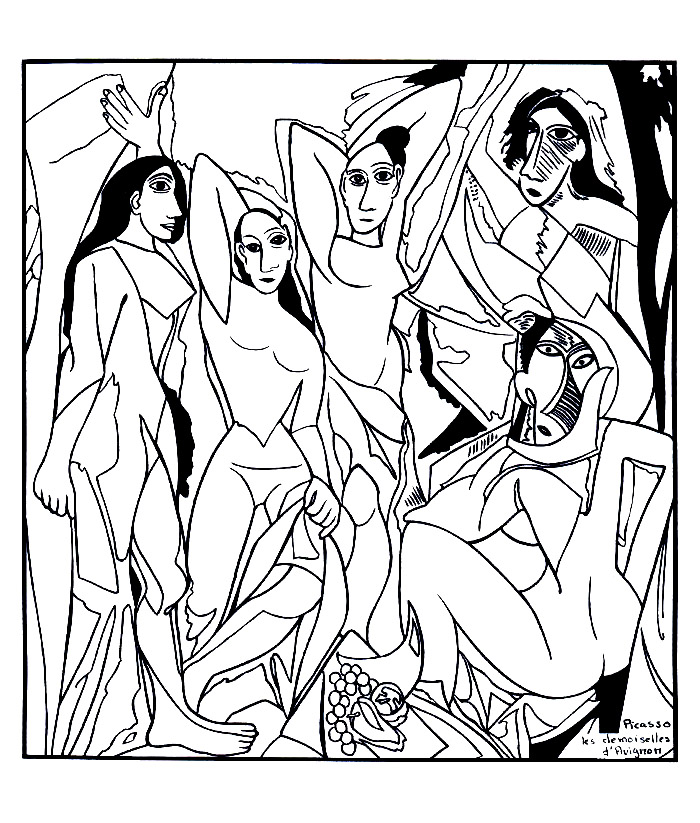 Página para colorear para adultos inspirada en el famoso cuadro de Picasso 'Les demoiselles d'Avignon'