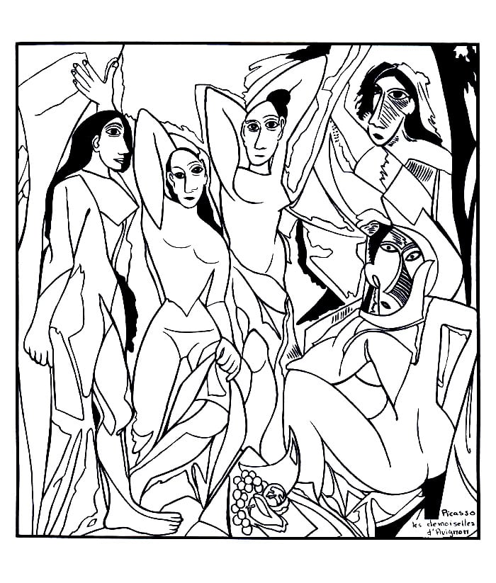 Página para colorear para adultos inspirada en el famoso cuadro de Picasso 'Les demoiselles d'Avignon' Página para colorear para adultos inspirada en el famoso cuadro de Picasso 'Les demoiselles d'Avignon'