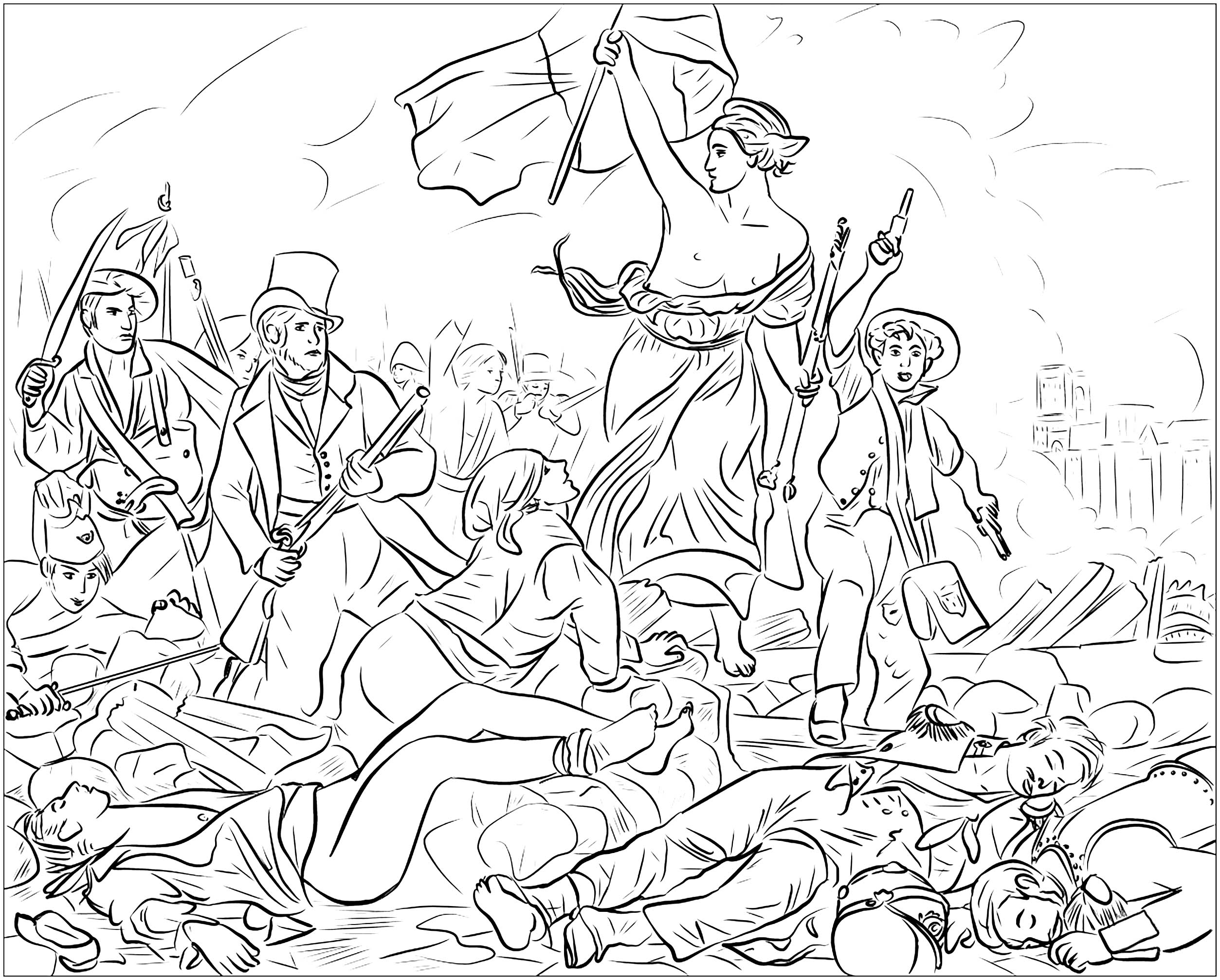 Página para colorear creada a partir del famoso cuadro conmemorativo de la Revolución de Julio de 1830 en Francia, de Eugène Delacroix : La libertad guiando al pueblo