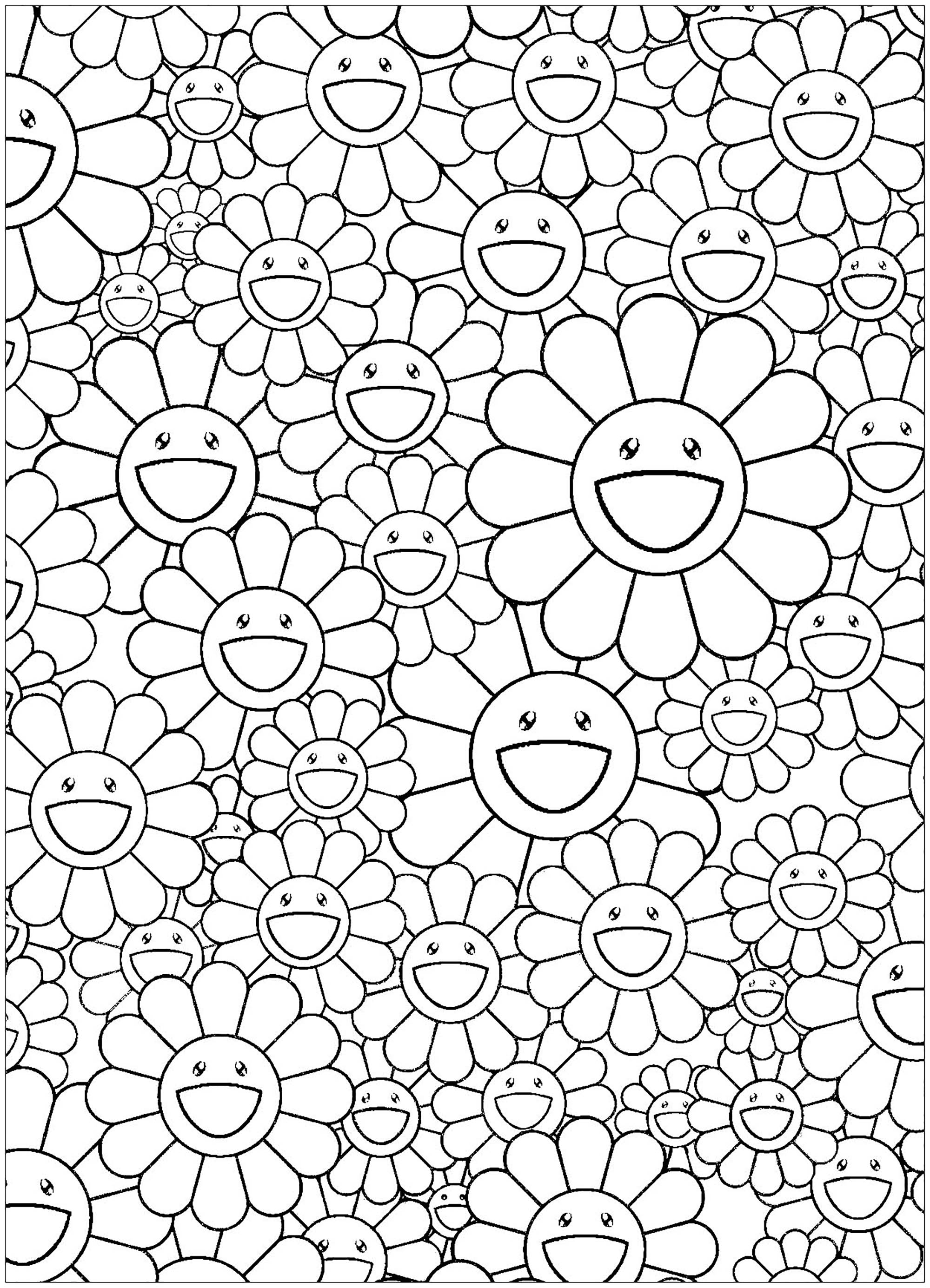 Página para colorear inspirada en una obra del artista japonés Takashi Murakami (estilo : Superflat) - versión sencilla. ¡Flores felices !