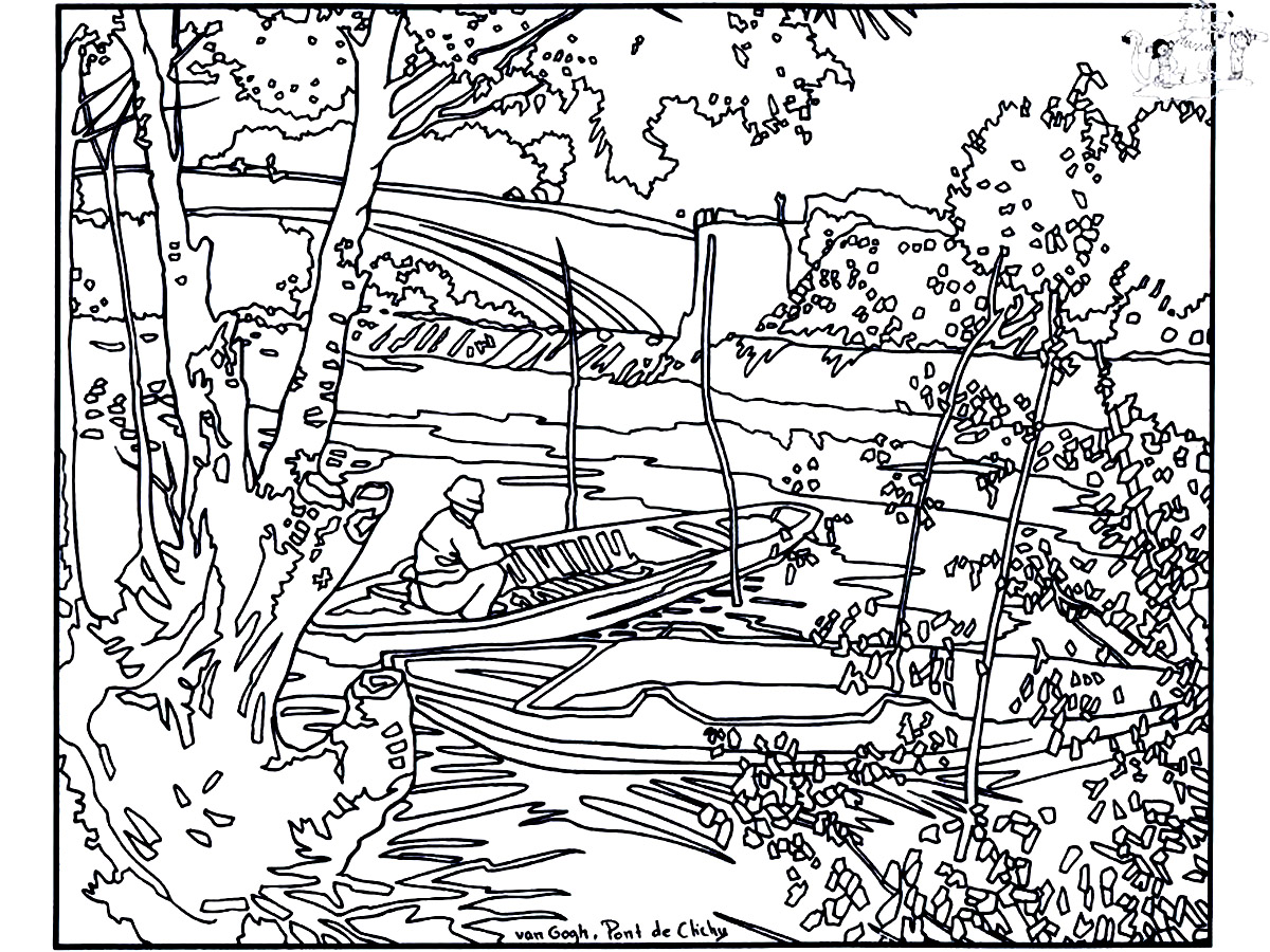 Página para colorear creada a partir de Pescando en primavera en el puente de Clichy (1887) de Vincent Van Gogh Página para colorear creada a partir de Pescando en primavera en el puente de Clichy (1887) de Vincent Van Gogh