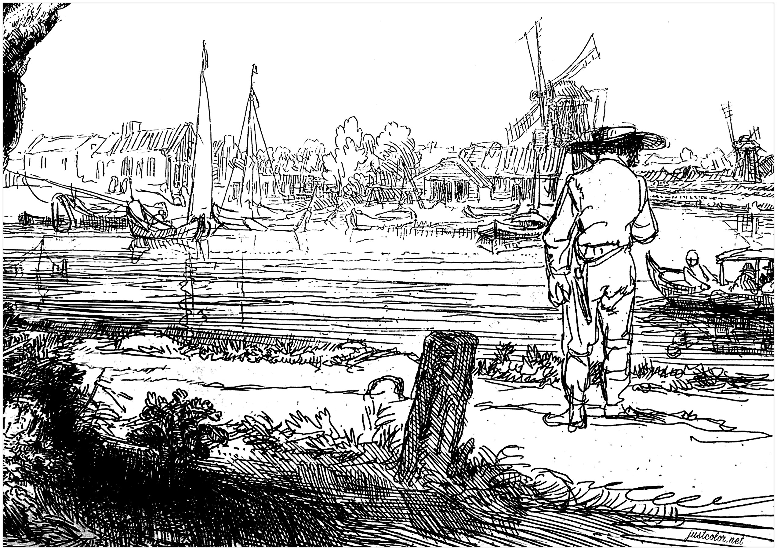 Coloreado creado a partir de 'De Omval' de Rembrandt (1645). Este paisaje representa un lugar familiar a las afueras de Ámsterdam, que Rembrandt representó en varios dibujos. Se trata de una península, conocida entonces y ahora como 'De Omval', por una ruina que había allí (la palabra neerlandesa omvallen significa caer). Coloreado creado a partir de 'De Omval' de Rembrandt (1645). Este paisaje representa un lugar familiar a las afueras de Ámsterdam, que Rembrandt representó en varios dibujos. Se trata de una península, conocida entonces y ahora como 'De Omval', por una ruina que había allí (la palabra neerlandesa omvallen significa caer).