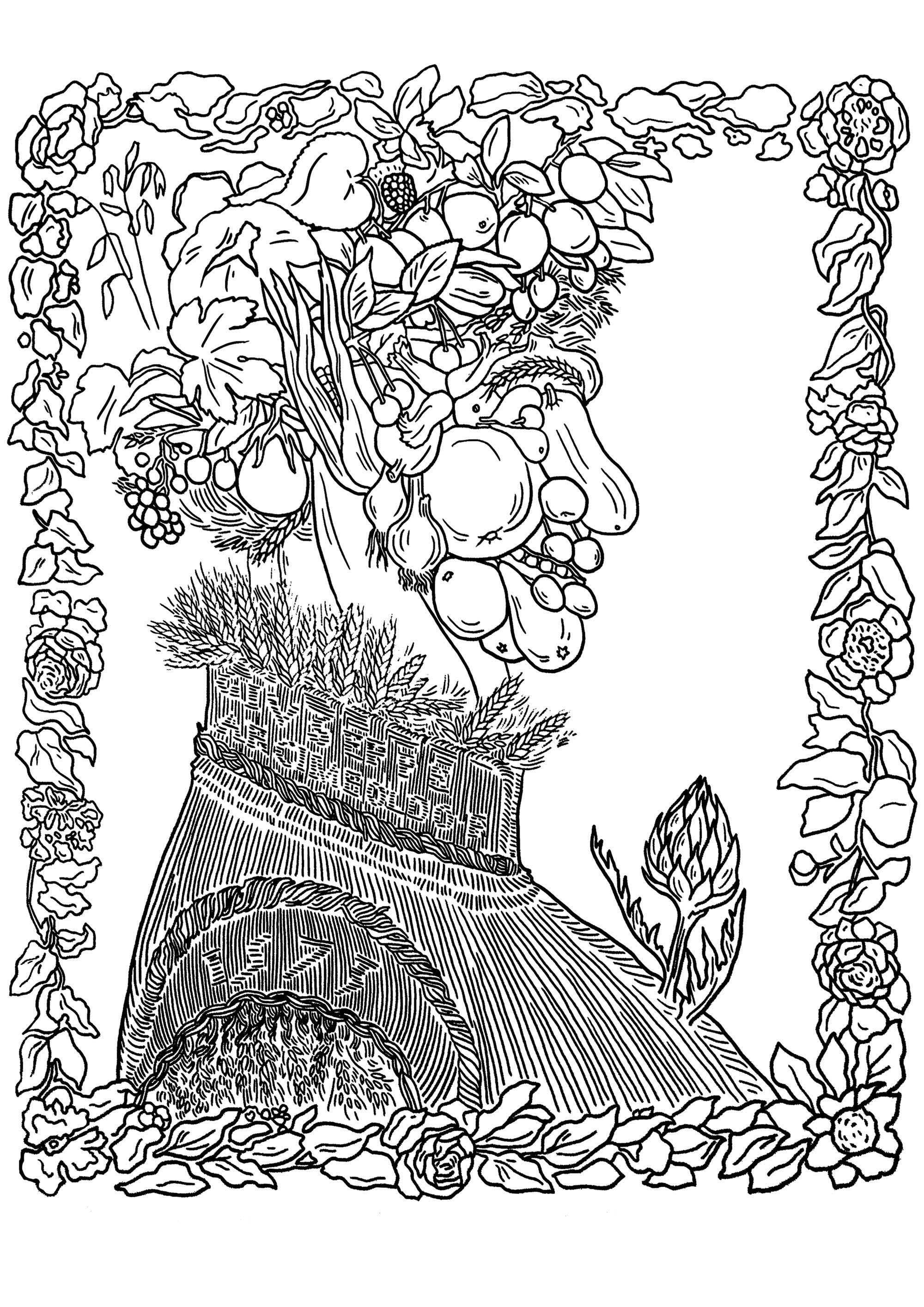 Giuseppe Arcimboldo - Verano (1573). El 'Verano' de Giuseppe Arcimboldo forma parte de una serie de cuatro retratos estacionales, creados a finales del siglo XVI. En esta obra, Arcimboldo compone un rostro enteramente a partir de diversos elementos veraniegos, como frutas, verduras y flores.La imaginativa e intrincada disposición de estos elementos forma un retrato caprichoso e intrigante, que muestra el excepcional talento de Arcimboldo para crear representaciones lúdicas y simbólicas de las estaciones.