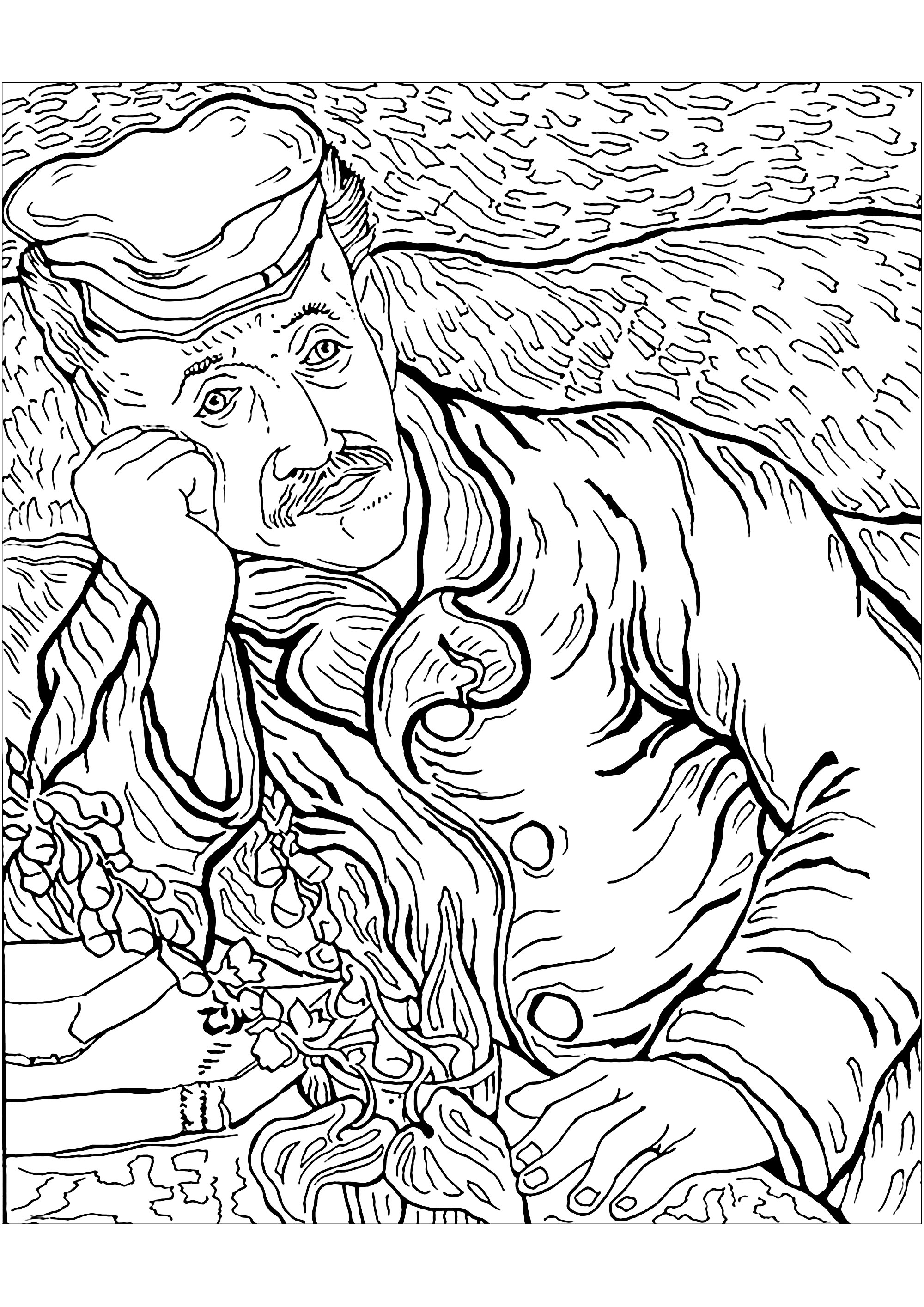 Coloreado basado en un cuadro de Vincent Van Gogh: Portrait du Docteur Gachet (1890). El Dr. Gachet, figura clave en el último periodo de Vincent Van Gogh en Auvers, era un médico homeópata con una amplia gama de intereses, incluida la quiromancia, y una gran pasión por las artes. Era grabador y mantuvo relaciones con artistas de renombre como Manet, Monet, Renoir y Cézanne. Tras su internamiento en Saint-Rémy-de-Provence, Van Gogh, por recomendación de su hermano Theo, fue a ver al especialista en psiquiatría Dr. Gachet. El Dr. Gachet apoyó a Vincent en su lucha contra sus ansiedades y le ofreció un entorno favorable para la creación artística.Van Gogh pintó un retrato del Dr. Gachet que refleja un periodo de gran creatividad. El retrato muestra al doctor en una postura melancólica, símbolo de la agitación de la época. Sin embargo, la flor de la dedalera, conocida por sus propiedades curativas, aporta una nota de esperanza. A pesar de la ayuda del Dr. Gachet, van Gogh acabó sucumbiendo a sus demonios interiores y se quitó la vida, Artista : Art'Isabelle