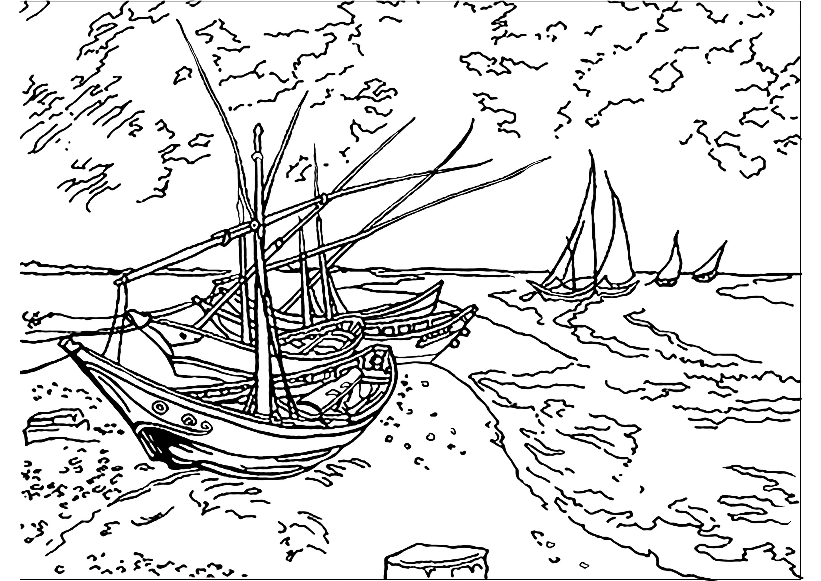 Página para colorear creada a partir de un cuadro de Vincent Van Gogh : Barcos de pesca en la playa de Saintes-Maries