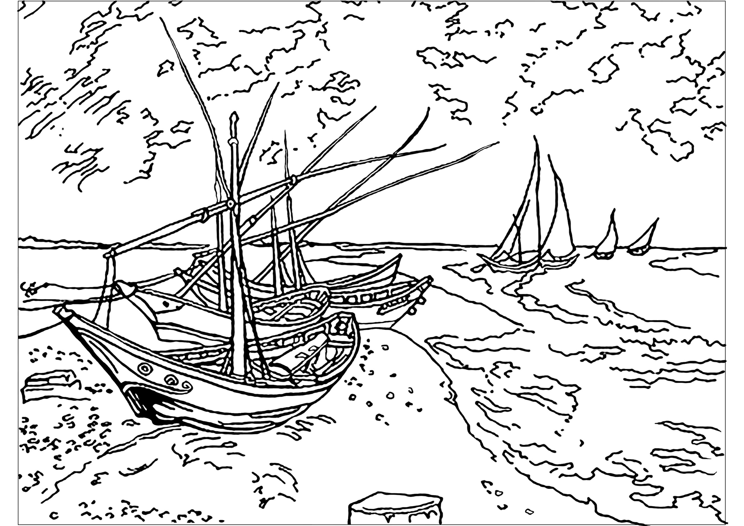 Página para colorear creada a partir de un cuadro de Vincent Van Gogh : Barcos de pesca en la playa de Saintes-Maries, Artista : Art'Isabelle Página para colorear creada a partir de un cuadro de Vincent Van Gogh : Barcos de pesca en la playa de Saintes-Maries, Artista : Art'Isabelle