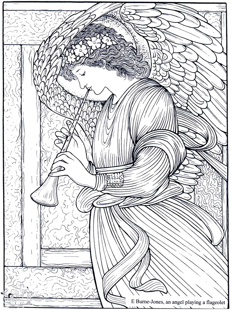 Edward burne jones   un ángel tocando un flageolet - Esta imagen contiene : Mujer, ángel
