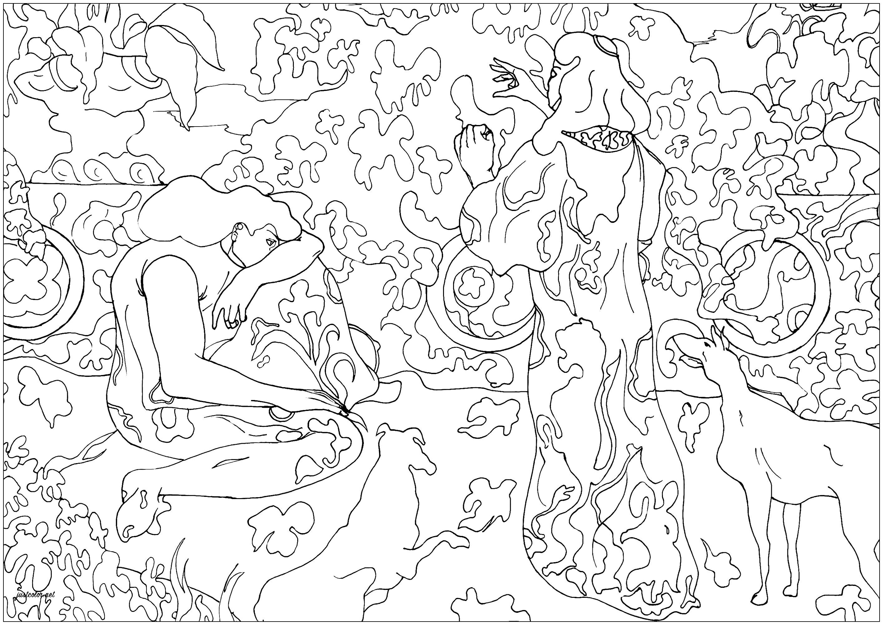Página para colorear creada a partir de la obra de Paul-Élie Ranson 'Princesas en la terraza' (1894). Este cuadro muy inspirado en obras japonesas representa a dos elegantes mujeres y dos perros, en lo que parece ser la terraza de una rica finca.