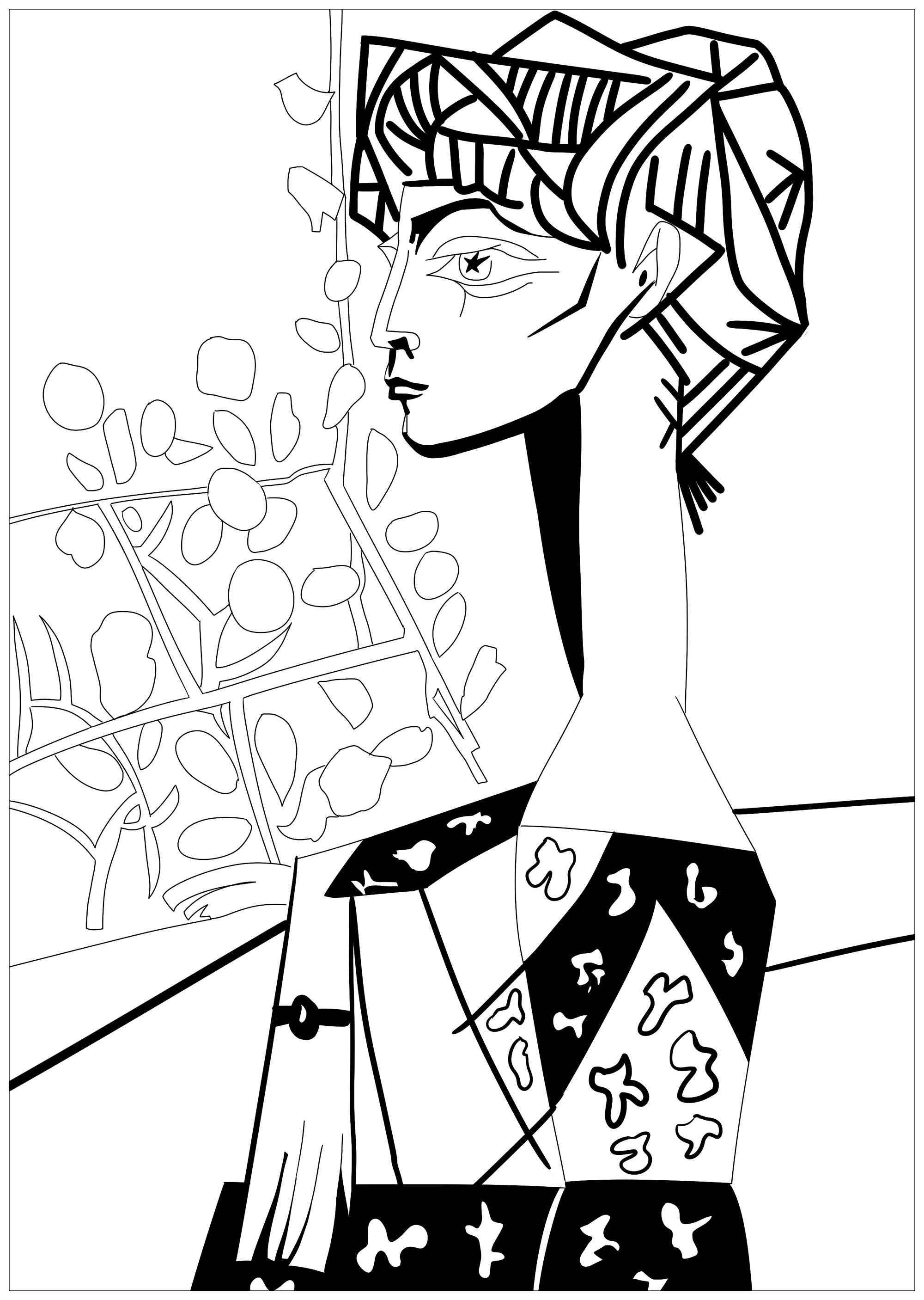 Página para colorear inspirada en una obra maestra de Pablo Picasso : Jacqueline con flores, Artista : Ji. M