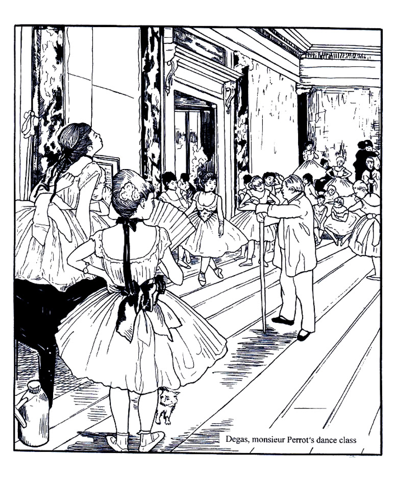 Página para colorear creada a partir de 'Clase de baile' de Edgar Degas Página para colorear creada a partir de 'Clase de baile' de Edgar Degas