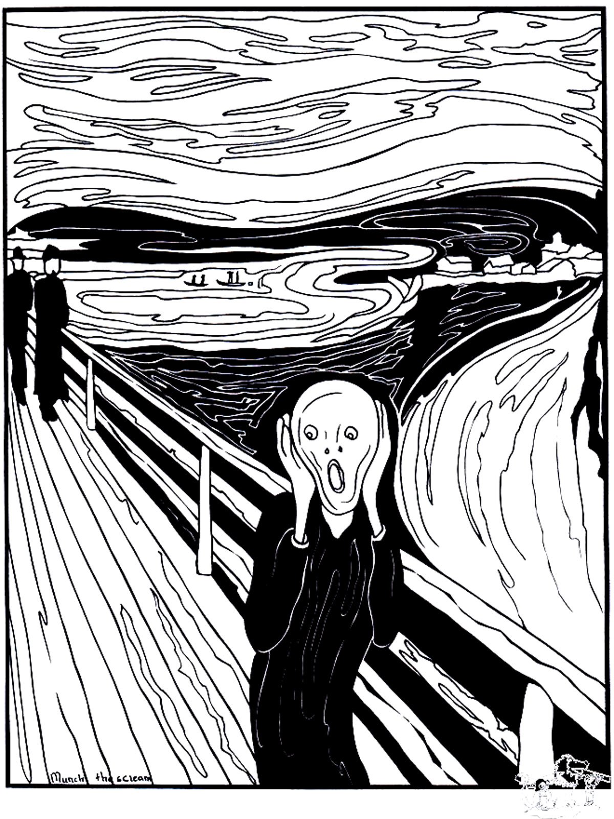 Coloreado basado en el cuadro 'El grito' (1893) de Edvard Munch'. El grito' es un cuadro emblemático que representa la sensación de opresión y angustia que a veces puede abrumarnos.Esta página para colorear es una excelente manera de sumergirse en la obra de arte. Eso sí, no te dejes atrapar demasiado por su atmósfera mortificante... Coloreado basado en el cuadro 'El grito' (1893) de Edvard Munch'. El grito' es un cuadro emblemático que representa la sensación de opresión y angustia que a veces puede abrumarnos.Esta página para colorear es una excelente manera de sumergirse en la obra de arte. Eso sí, no te dejes atrapar demasiado por su atmósfera mortificante...