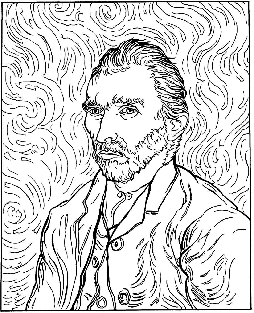 Van Gogh - Autorretrato (1889). Colorea a Vincent Van Gogh en uno de sus famosos autorretratos, pintado en 1889.¿Lo sabía? Van Gogh sólo vendió un cuadro en vida, y no se hizo famoso hasta después de su muerte.